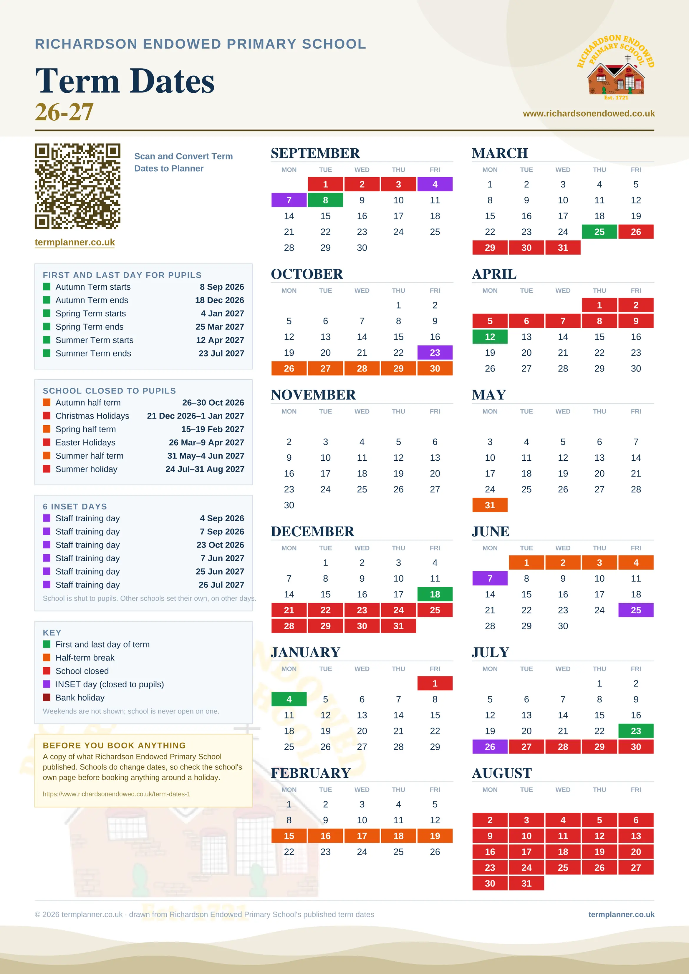 Richardson Endowed Primary School’s 2026/27 school year drawn as one sheet: twelve month grids from September to August, Monday to Friday, with autumn term 8 September to 18 December 2026, spring term 4 January to 25 March 2027, summer term 12 April to 23 July 2027. Half terms, holidays and bank holidays are filled in colour, the first and last day of each term is marked, 6 INSET days are picked out, and every date is listed again in words down the left.
