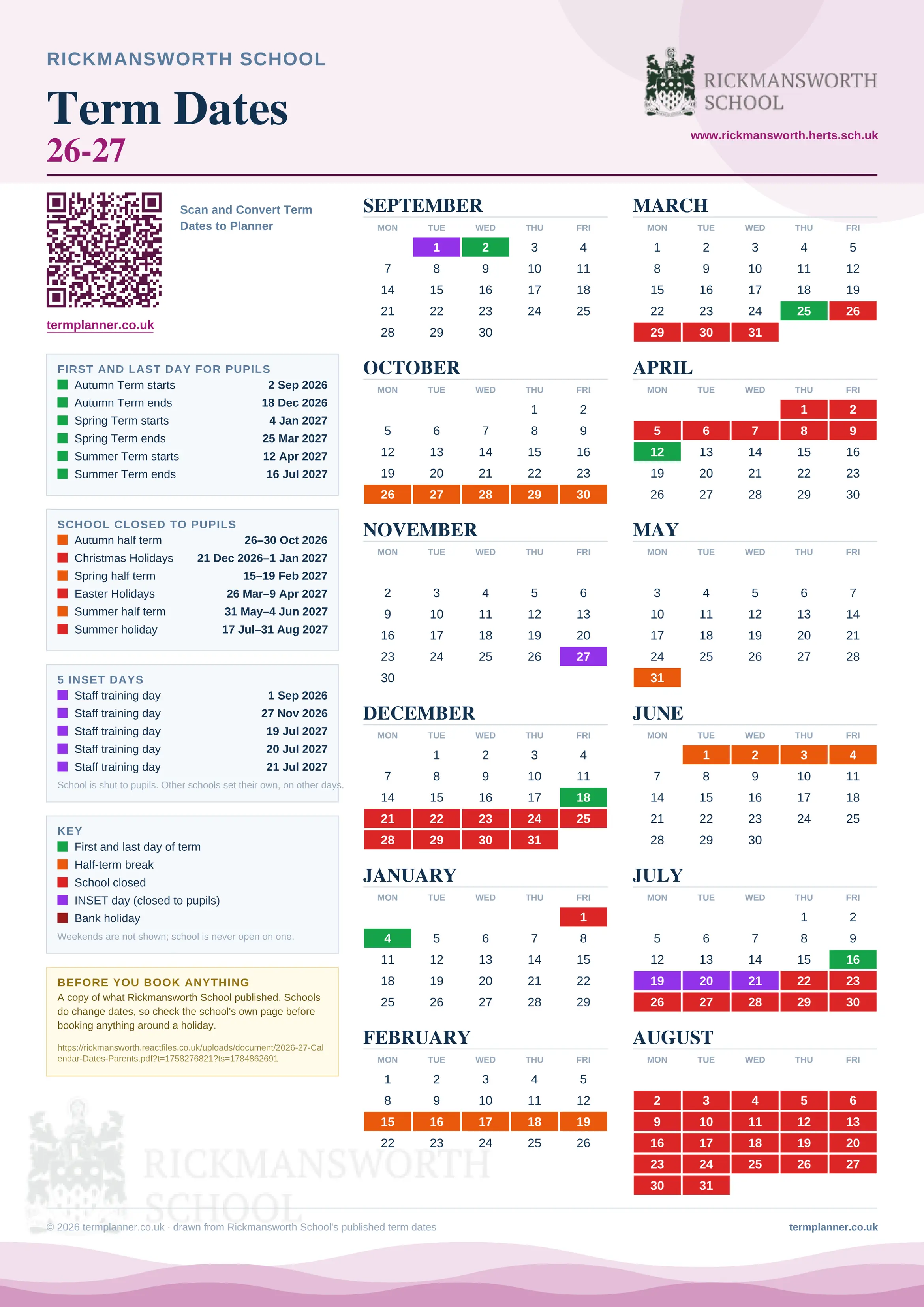 Rickmansworth School’s 2026/27 school year drawn as one sheet: twelve month grids from September to August, Monday to Friday, with autumn term 2 September to 18 December 2026, spring term 4 January to 25 March 2027, summer term 12 April to 16 July 2027. Half terms, holidays and bank holidays are filled in colour, the first and last day of each term is marked, 5 INSET days are picked out, and every date is listed again in words down the left.