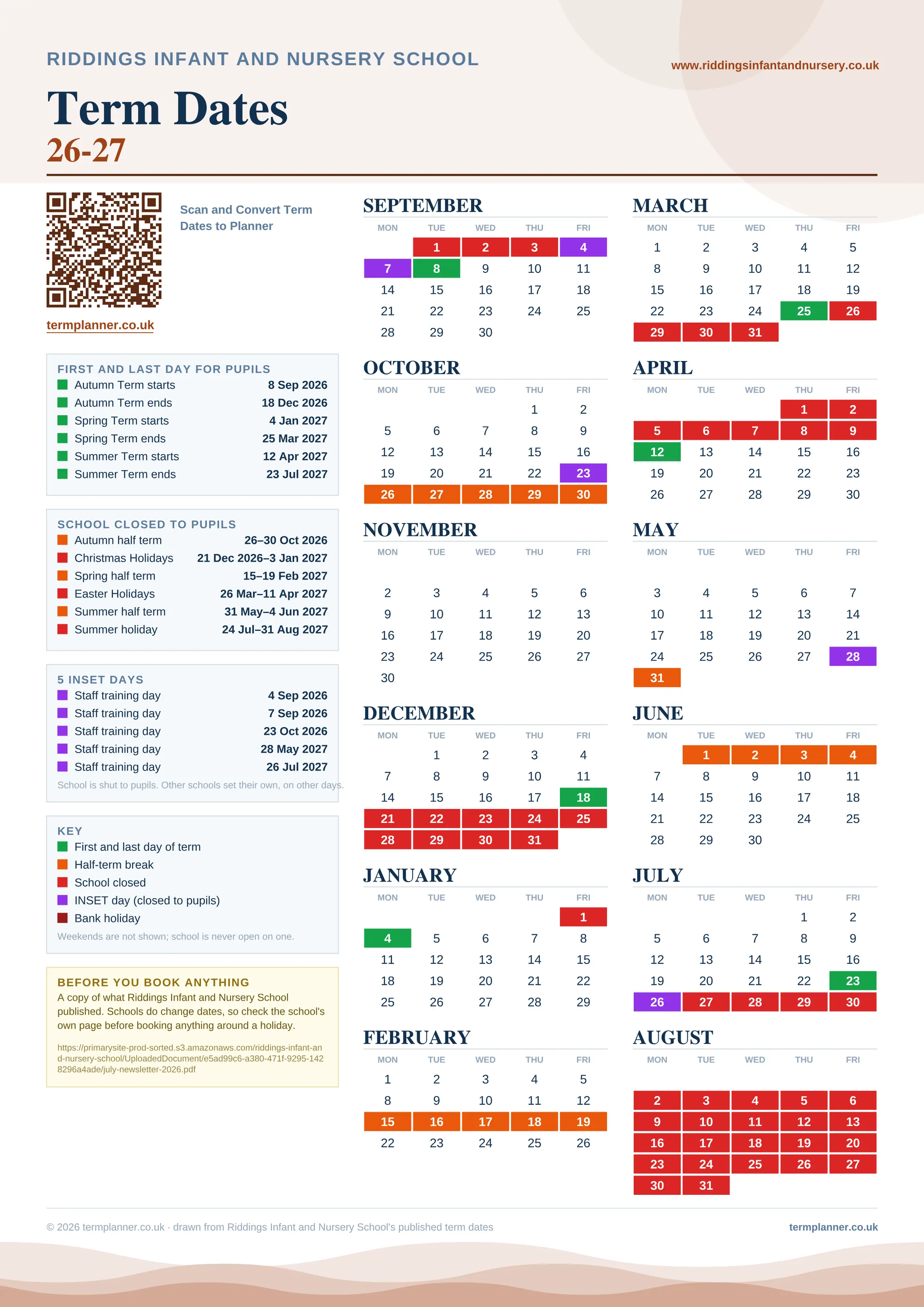 Riddings Infant and Nursery School’s 2026/27 school year drawn as one sheet: twelve month grids from September to August, Monday to Friday, with autumn term 8 September to 18 December 2026, spring term 4 January to 25 March 2027, summer term 12 April to 23 July 2027. Half terms, holidays and bank holidays are filled in colour, the first and last day of each term is marked, 5 INSET days are picked out, and every date is listed again in words down the left.