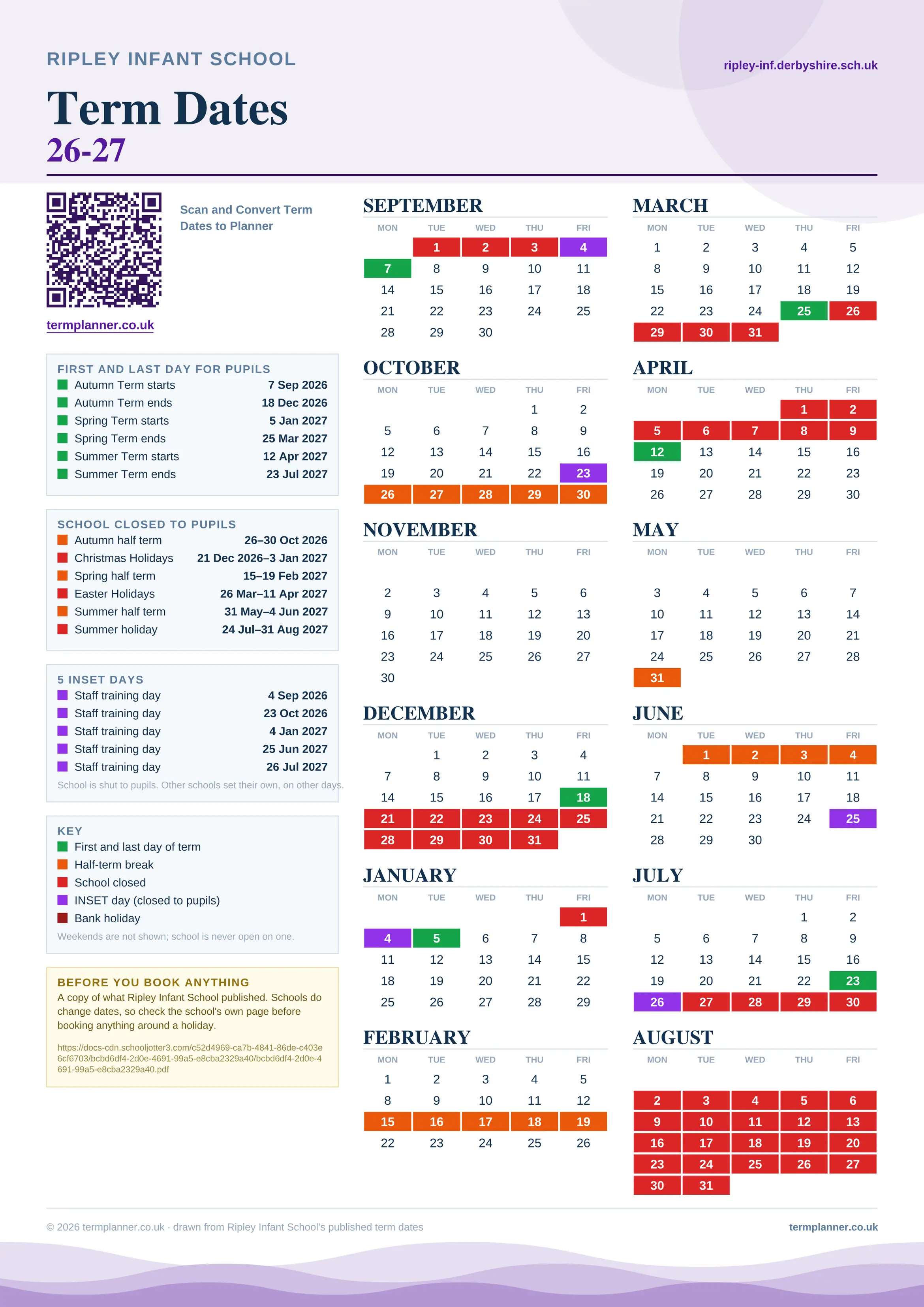 Ripley Infant School’s 2026/27 school year drawn as one sheet: twelve month grids from September to August, Monday to Friday, with autumn term 7 September to 18 December 2026, spring term 5 January to 25 March 2027, summer term 12 April to 23 July 2027. Half terms, holidays and bank holidays are filled in colour, the first and last day of each term is marked, 5 INSET days are picked out, and every date is listed again in words down the left.