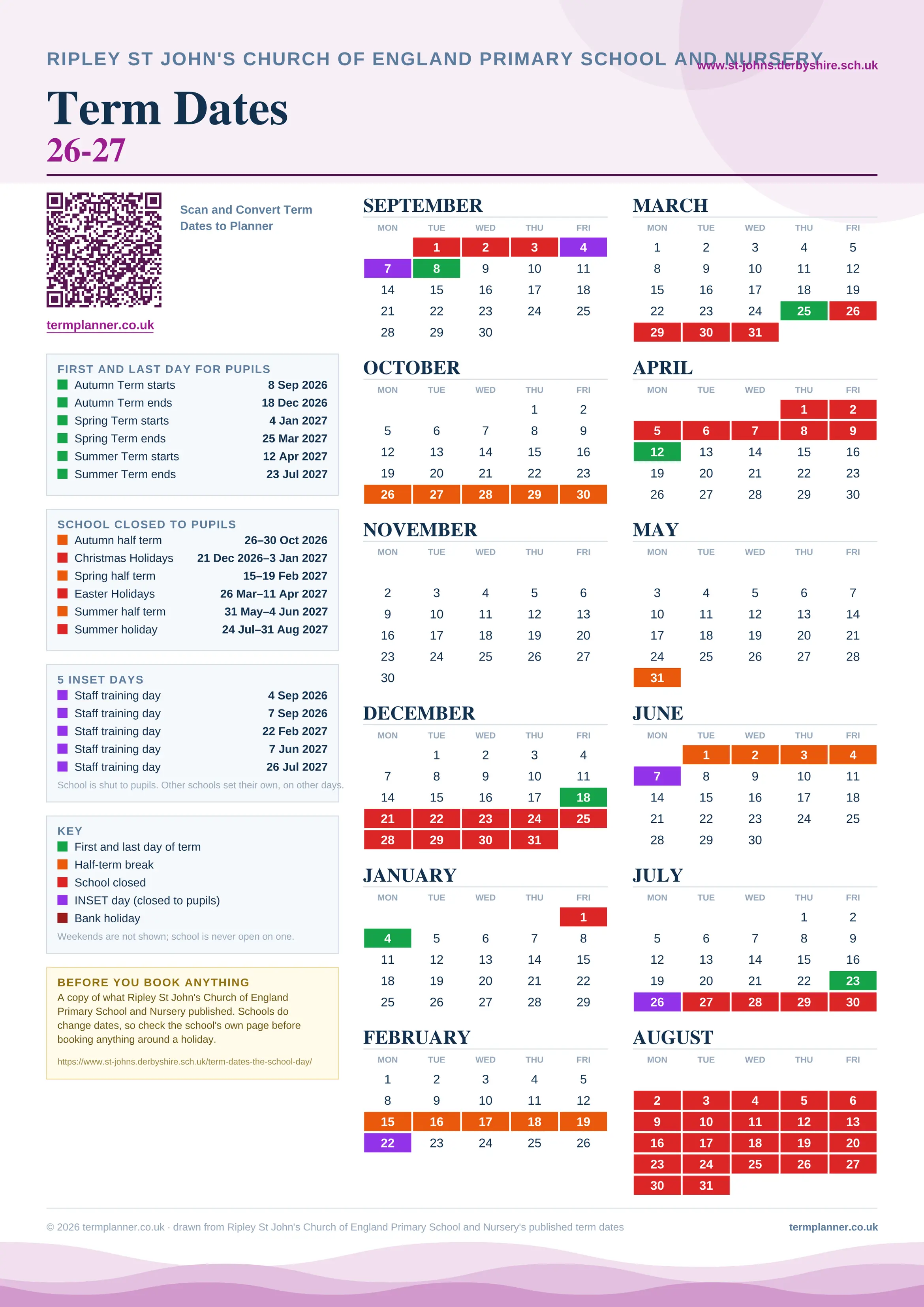 Ripley St John's Church of England Primary School and Nursery’s 2026/27 school year drawn as one sheet: twelve month grids from September to August, Monday to Friday, with autumn term 8 September to 18 December 2026, spring term 4 January to 25 March 2027, summer term 12 April to 23 July 2027. Half terms, holidays and bank holidays are filled in colour, the first and last day of each term is marked, 5 INSET days are picked out, and every date is listed again in words down the left.
