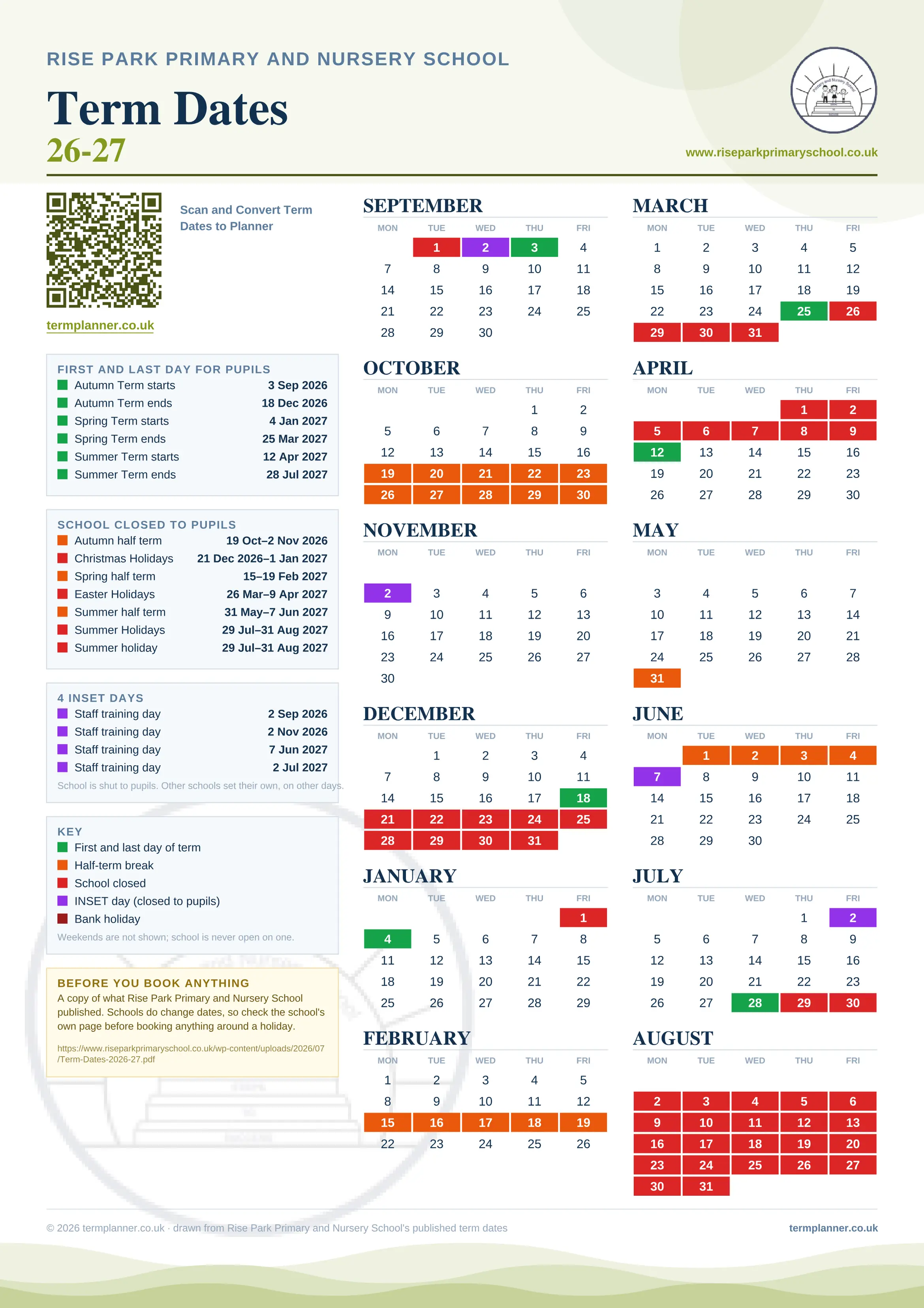 Rise Park Primary and Nursery School’s 2026/27 school year drawn as one sheet: twelve month grids from September to August, Monday to Friday, with autumn term 3 September to 18 December 2026, spring term 4 January to 25 March 2027, summer term 12 April to 28 July 2027. Half terms, holidays and bank holidays are filled in colour, the first and last day of each term is marked, 4 INSET days are picked out, and every date is listed again in words down the left.