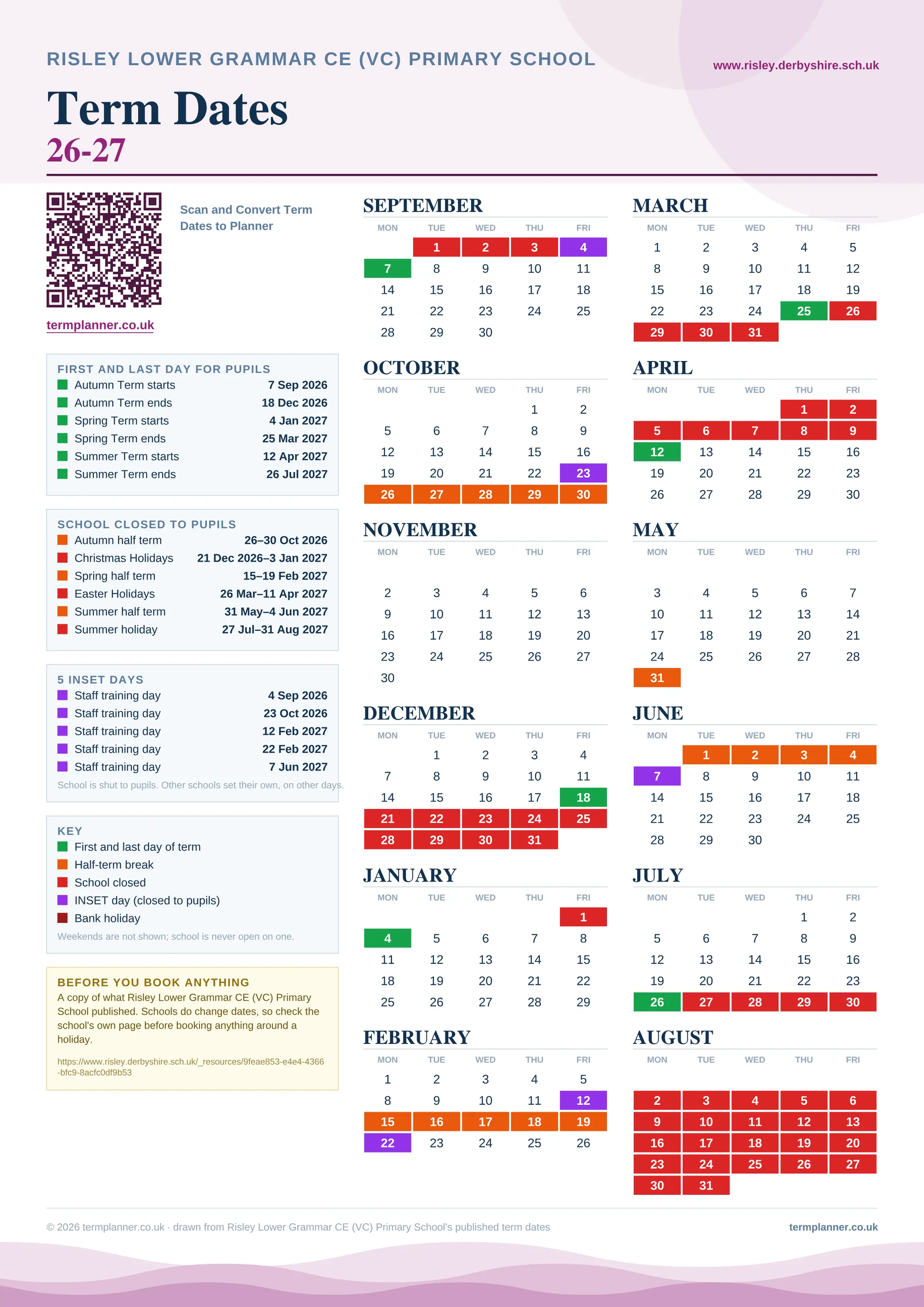 Risley Lower Grammar CE (VC) Primary School’s 2026/27 school year drawn as one sheet: twelve month grids from September to August, Monday to Friday, with autumn term 7 September to 18 December 2026, spring term 4 January to 25 March 2027, summer term 12 April to 26 July 2027. Half terms, holidays and bank holidays are filled in colour, the first and last day of each term is marked, 5 INSET days are picked out, and every date is listed again in words down the left.