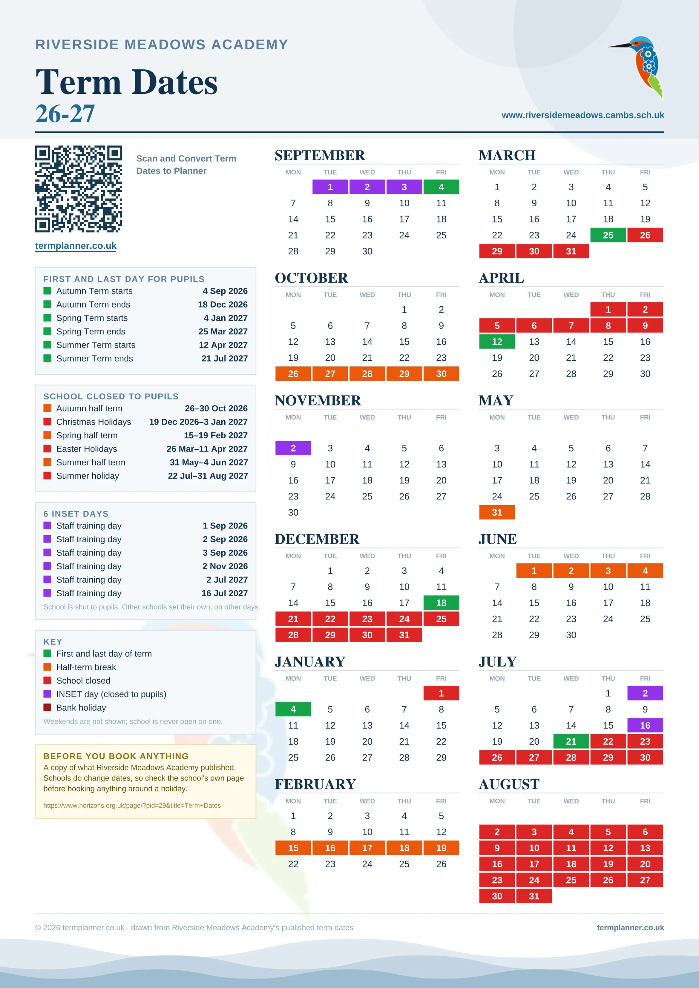 Riverside Meadows Academy’s 2026/27 school year drawn as one sheet: twelve month grids from September to August, Monday to Friday, with autumn term 4 September to 18 December 2026, spring term 4 January to 25 March 2027, summer term 12 April to 21 July 2027. Half terms, holidays and bank holidays are filled in colour, the first and last day of each term is marked, 6 INSET days are picked out, and every date is listed again in words down the left.