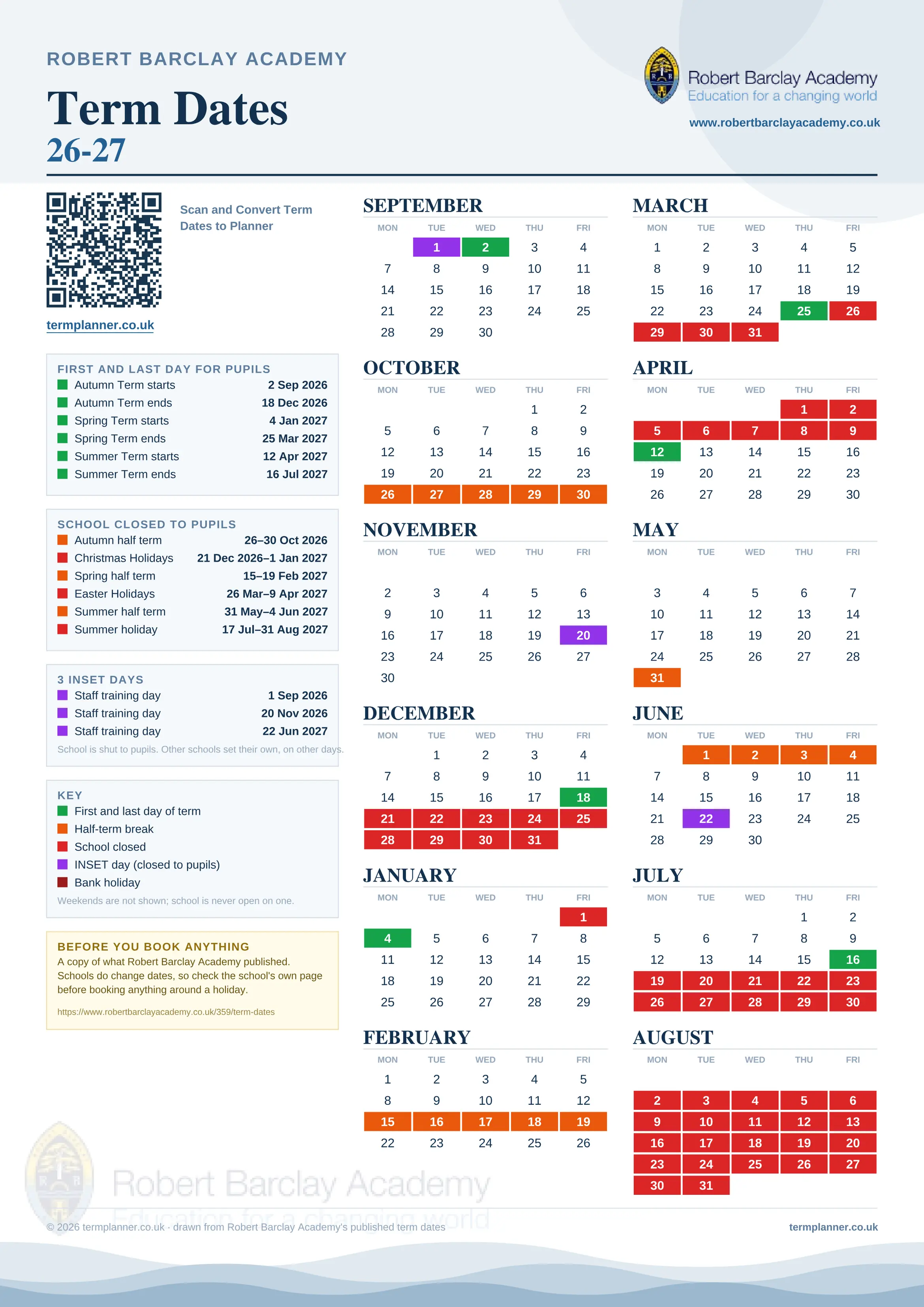 Robert Barclay Academy’s 2026/27 school year drawn as one sheet: twelve month grids from September to August, Monday to Friday, with autumn term 2 September to 18 December 2026, spring term 4 January to 25 March 2027, summer term 12 April to 16 July 2027. Half terms, holidays and bank holidays are filled in colour, the first and last day of each term is marked, 3 INSET days are picked out, and every date is listed again in words down the left.