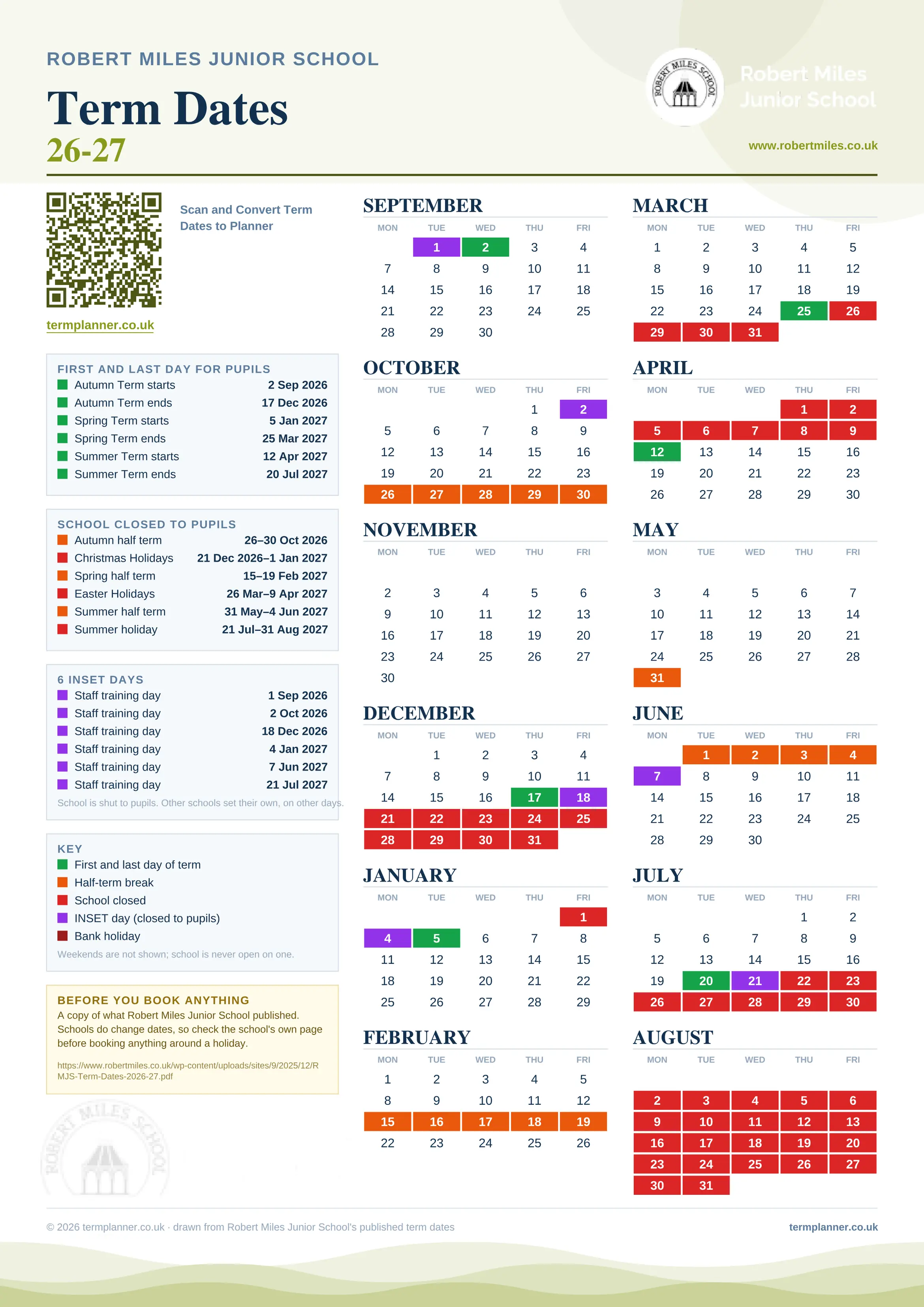 Robert Miles Junior School’s 2026/27 school year drawn as one sheet: twelve month grids from September to August, Monday to Friday, with autumn term 2 September to 17 December 2026, spring term 5 January to 25 March 2027, summer term 12 April to 20 July 2027. Half terms, holidays and bank holidays are filled in colour, the first and last day of each term is marked, 6 INSET days are picked out, and every date is listed again in words down the left.