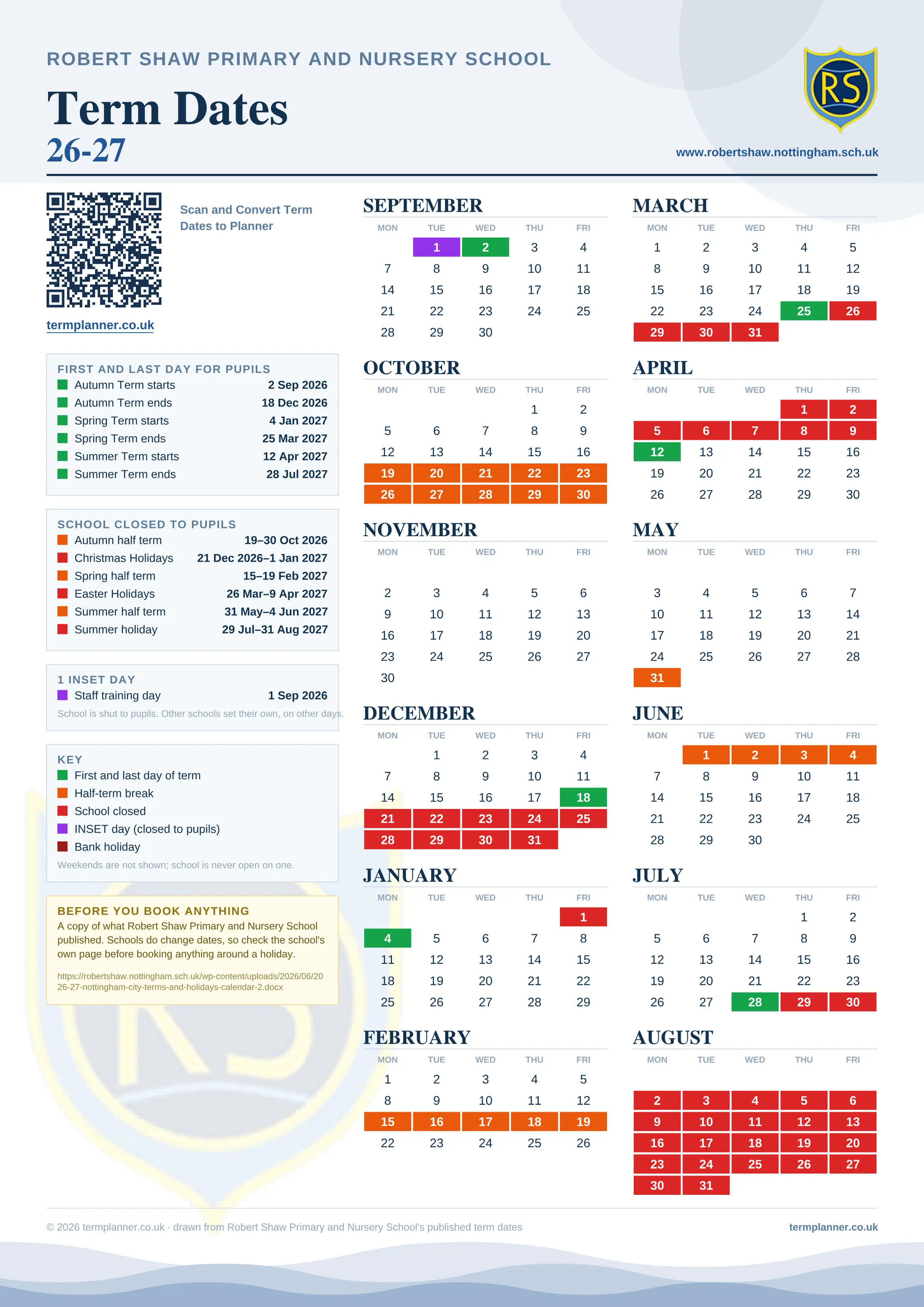Robert Shaw Primary and Nursery School’s 2026/27 school year drawn as one sheet: twelve month grids from September to August, Monday to Friday, with autumn term 2 September to 18 December 2026, spring term 4 January to 25 March 2027, summer term 12 April to 28 July 2027. Half terms, holidays and bank holidays are filled in colour, the first and last day of each term is marked, 1 INSET day is picked out, and every date is listed again in words down the left.