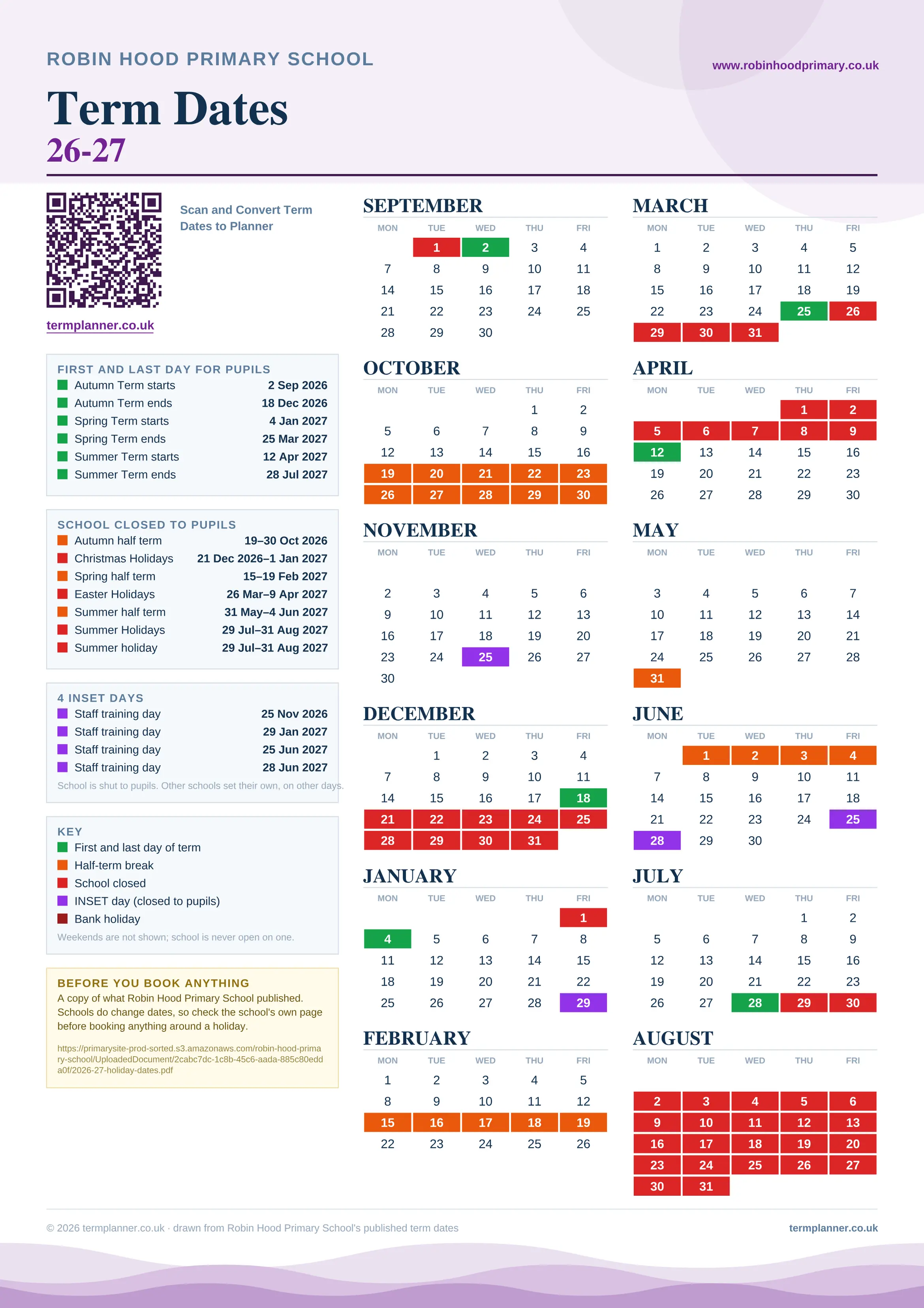 Robin Hood Primary School’s 2026/27 school year drawn as one sheet: twelve month grids from September to August, Monday to Friday, with autumn term 2 September to 18 December 2026, spring term 4 January to 25 March 2027, summer term 12 April to 28 July 2027. Half terms, holidays and bank holidays are filled in colour, the first and last day of each term is marked, 4 INSET days are picked out, and every date is listed again in words down the left.