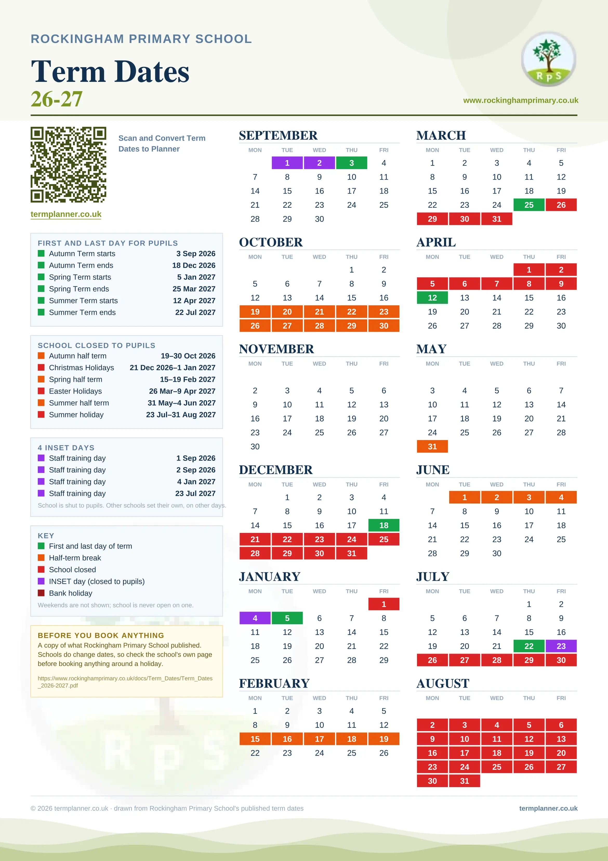 Rockingham Primary School’s 2026/27 school year drawn as one sheet: twelve month grids from September to August, Monday to Friday, with autumn term 3 September to 18 December 2026, spring term 5 January to 25 March 2027, summer term 12 April to 22 July 2027. Half terms, holidays and bank holidays are filled in colour, the first and last day of each term is marked, 4 INSET days are picked out, and every date is listed again in words down the left.
