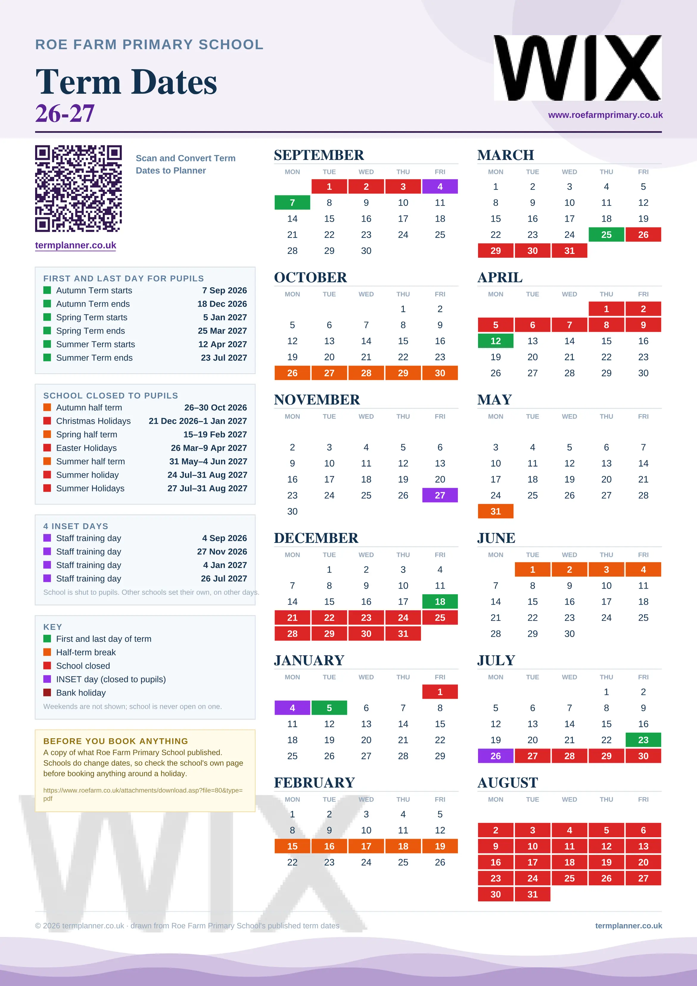 Roe Farm Primary School’s 2026/27 school year drawn as one sheet: twelve month grids from September to August, Monday to Friday, with autumn term 7 September to 18 December 2026, spring term 5 January to 25 March 2027, summer term 12 April to 23 July 2027. Half terms, holidays and bank holidays are filled in colour, the first and last day of each term is marked, 4 INSET days are picked out, and every date is listed again in words down the left.
