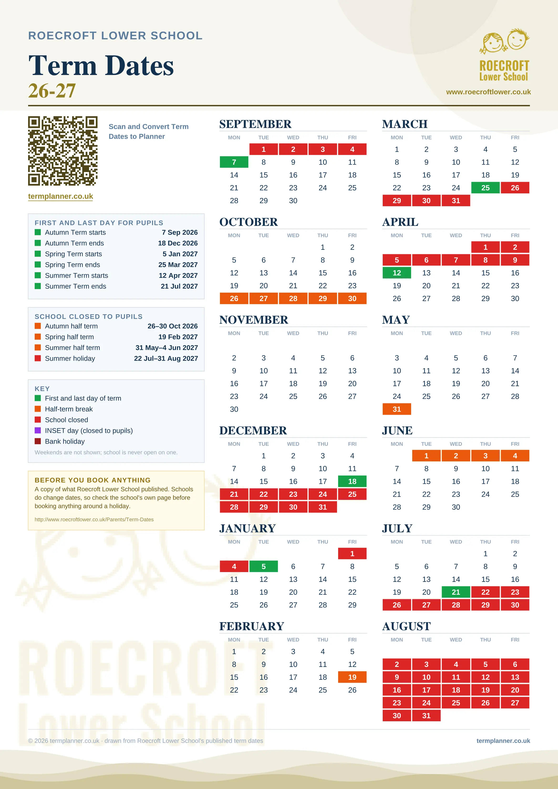Roecroft Lower School’s 2026/27 school year drawn as one sheet: twelve month grids from September to August, Monday to Friday, with autumn term 7 September to 18 December 2026, spring term 5 January to 25 March 2027, summer term 12 April to 21 July 2027. Half terms, holidays and bank holidays are filled in colour, the first and last day of each term is marked, and every date is listed again in words down the left.