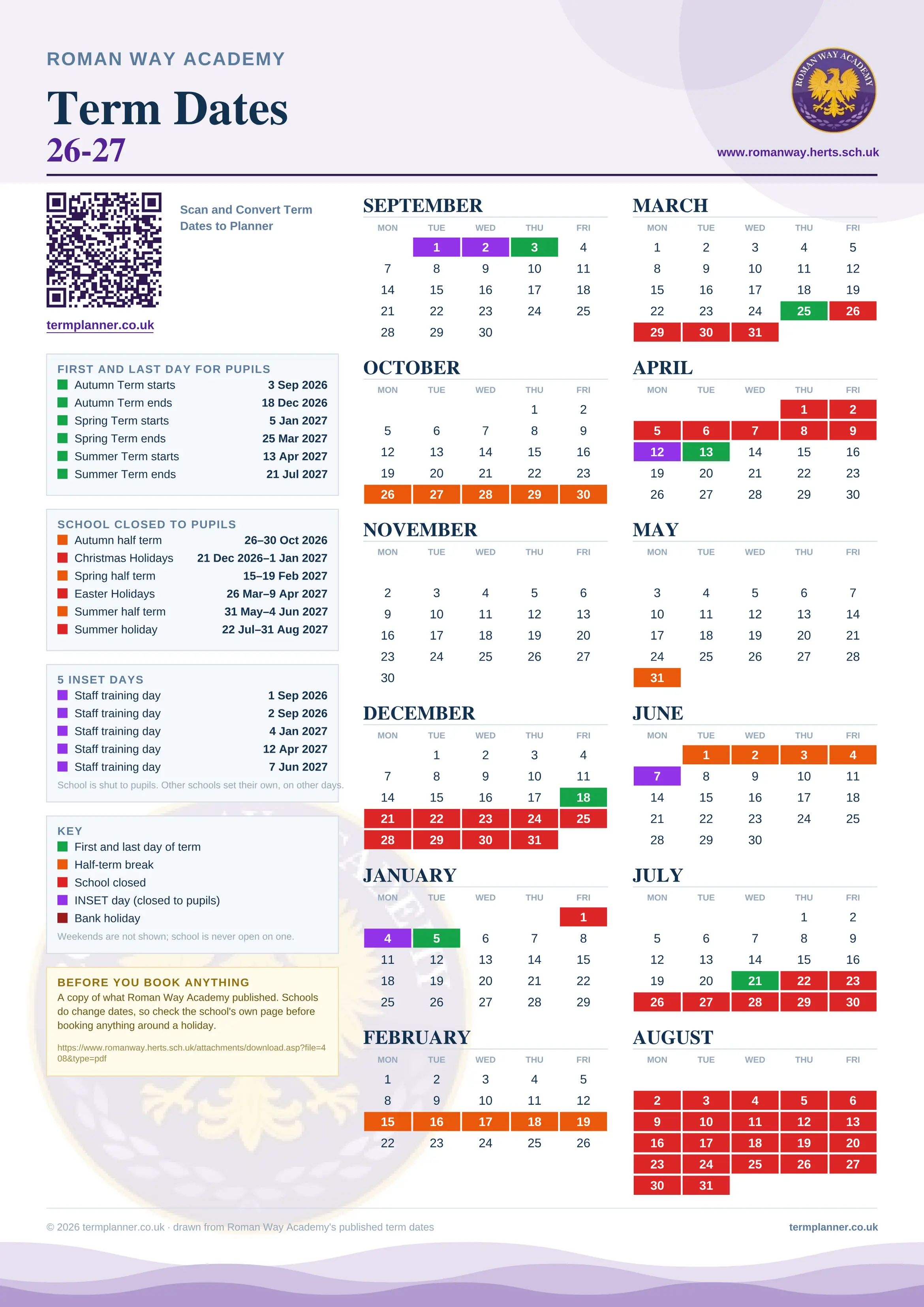 Roman Way Academy’s 2026/27 school year drawn as one sheet: twelve month grids from September to August, Monday to Friday, with autumn term 3 September to 18 December 2026, spring term 5 January to 25 March 2027, summer term 13 April to 21 July 2027. Half terms, holidays and bank holidays are filled in colour, the first and last day of each term is marked, 5 INSET days are picked out, and every date is listed again in words down the left.