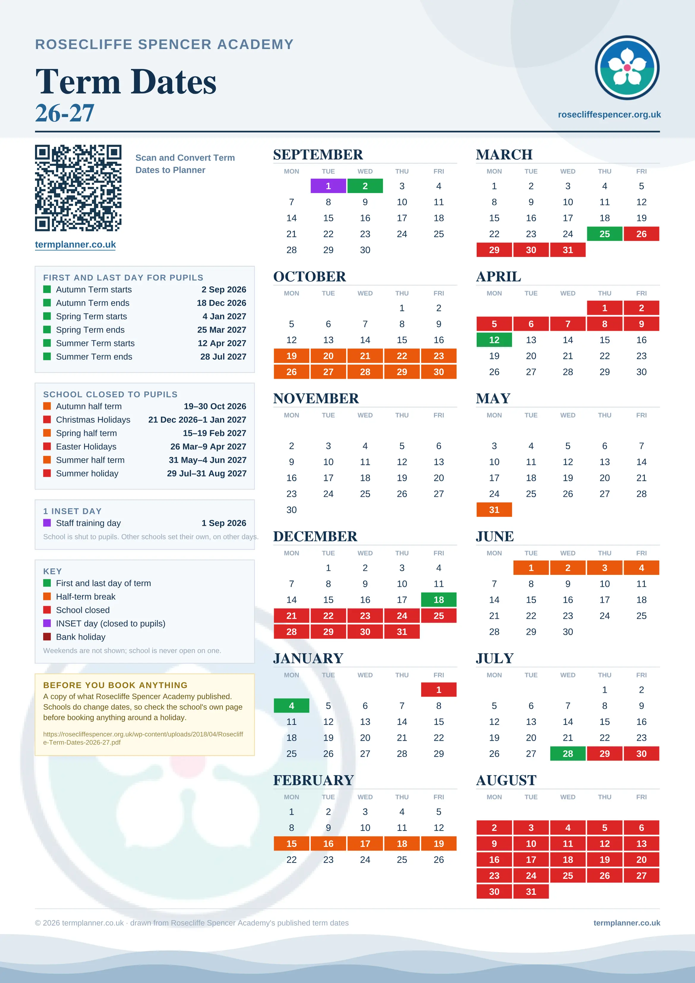 Rosecliffe Spencer Academy’s 2026/27 school year drawn as one sheet: twelve month grids from September to August, Monday to Friday, with autumn term 2 September to 18 December 2026, spring term 4 January to 25 March 2027, summer term 12 April to 28 July 2027. Half terms, holidays and bank holidays are filled in colour, the first and last day of each term is marked, 1 INSET day is picked out, and every date is listed again in words down the left.
