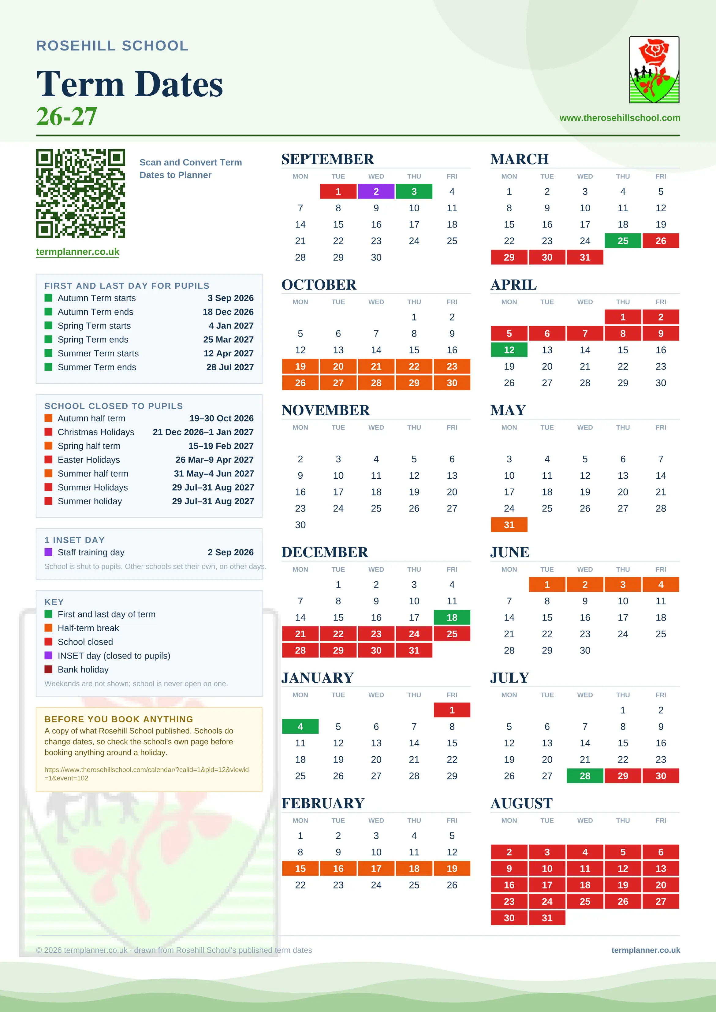 Rosehill School’s 2026/27 school year drawn as one sheet: twelve month grids from September to August, Monday to Friday, with autumn term 3 September to 18 December 2026, spring term 4 January to 25 March 2027, summer term 12 April to 28 July 2027. Half terms, holidays and bank holidays are filled in colour, the first and last day of each term is marked, 1 INSET day is picked out, and every date is listed again in words down the left.
