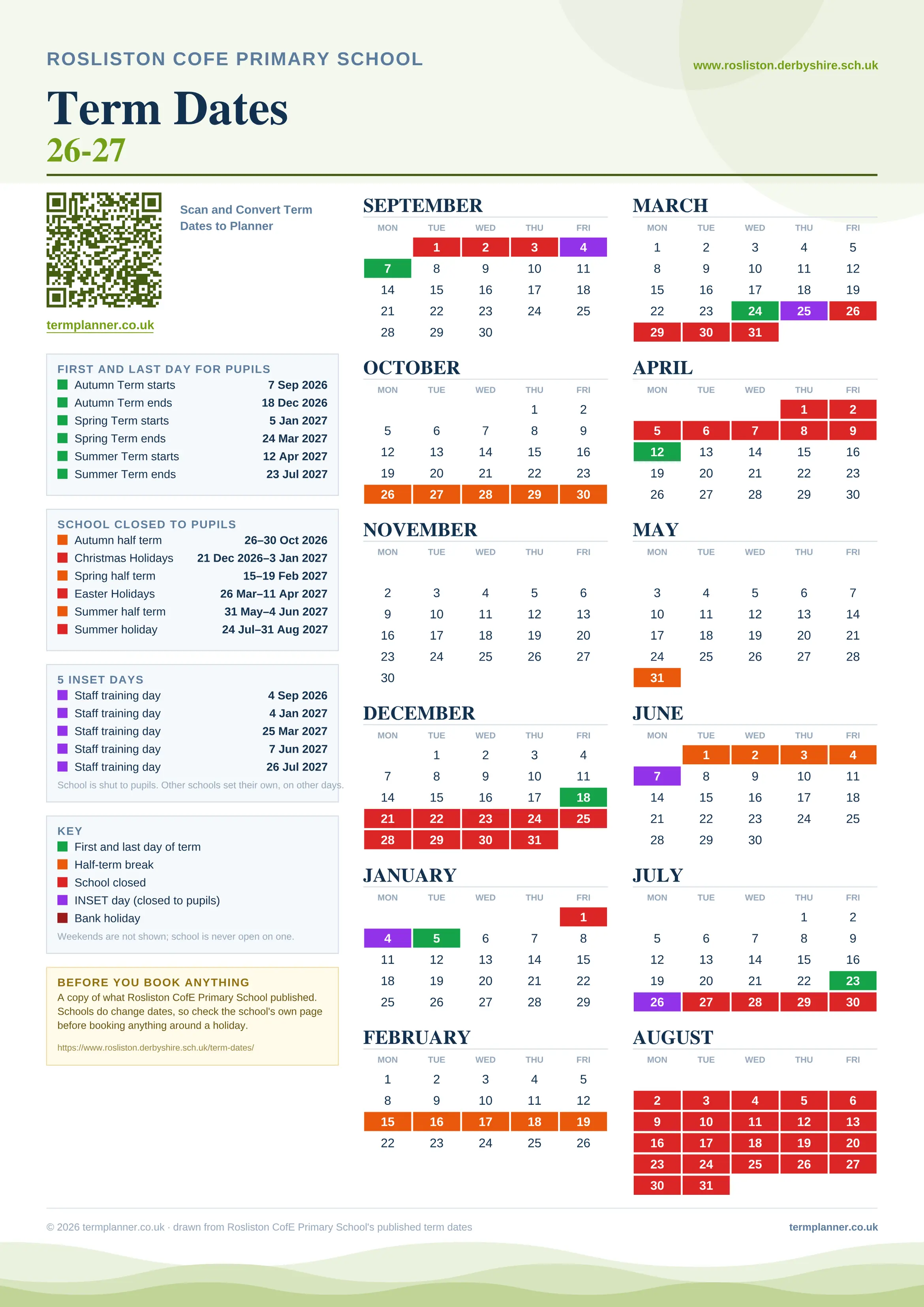 Rosliston CofE Primary School’s 2026/27 school year drawn as one sheet: twelve month grids from September to August, Monday to Friday, with autumn term 7 September to 18 December 2026, spring term 5 January to 24 March 2027, summer term 12 April to 23 July 2027. Half terms, holidays and bank holidays are filled in colour, the first and last day of each term is marked, 5 INSET days are picked out, and every date is listed again in words down the left.
