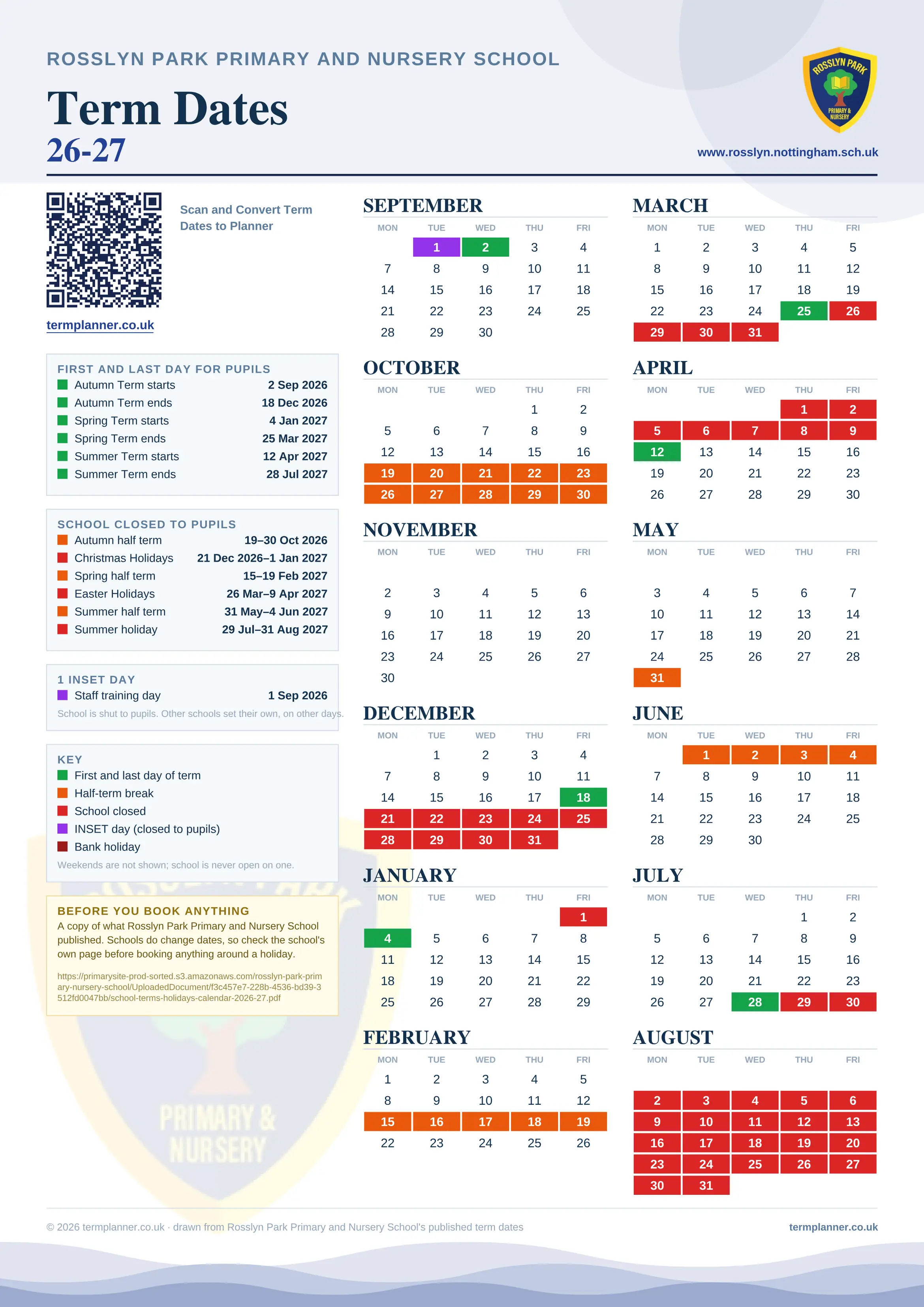 Rosslyn Park Primary and Nursery School’s 2026/27 school year drawn as one sheet: twelve month grids from September to August, Monday to Friday, with autumn term 2 September to 18 December 2026, spring term 4 January to 25 March 2027, summer term 12 April to 28 July 2027. Half terms, holidays and bank holidays are filled in colour, the first and last day of each term is marked, 1 INSET day is picked out, and every date is listed again in words down the left.