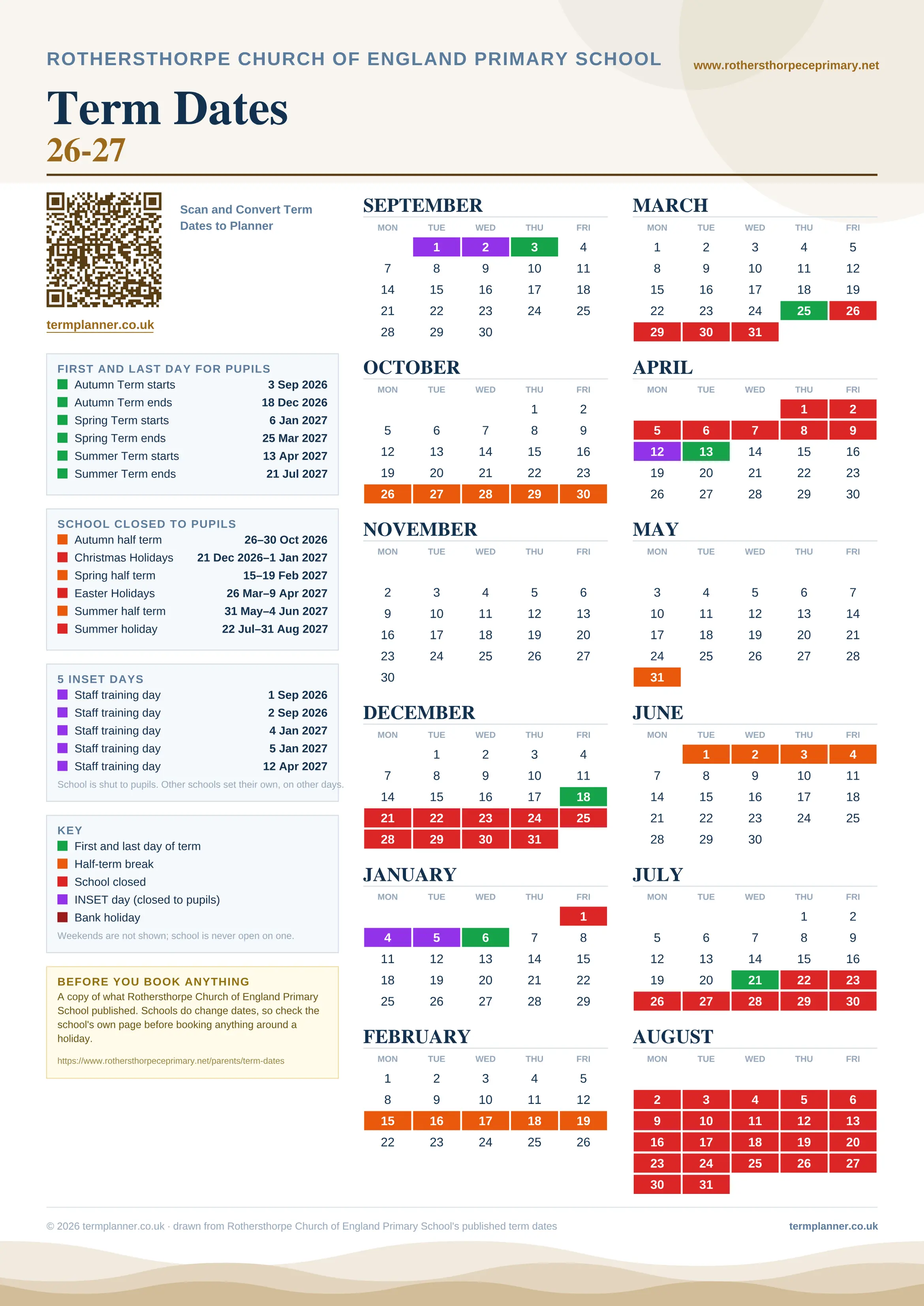 Rothersthorpe Church of England Primary School’s 2026/27 school year drawn as one sheet: twelve month grids from September to August, Monday to Friday, with autumn term 3 September to 18 December 2026, spring term 6 January to 25 March 2027, summer term 13 April to 21 July 2027. Half terms, holidays and bank holidays are filled in colour, the first and last day of each term is marked, 5 INSET days are picked out, and every date is listed again in words down the left.