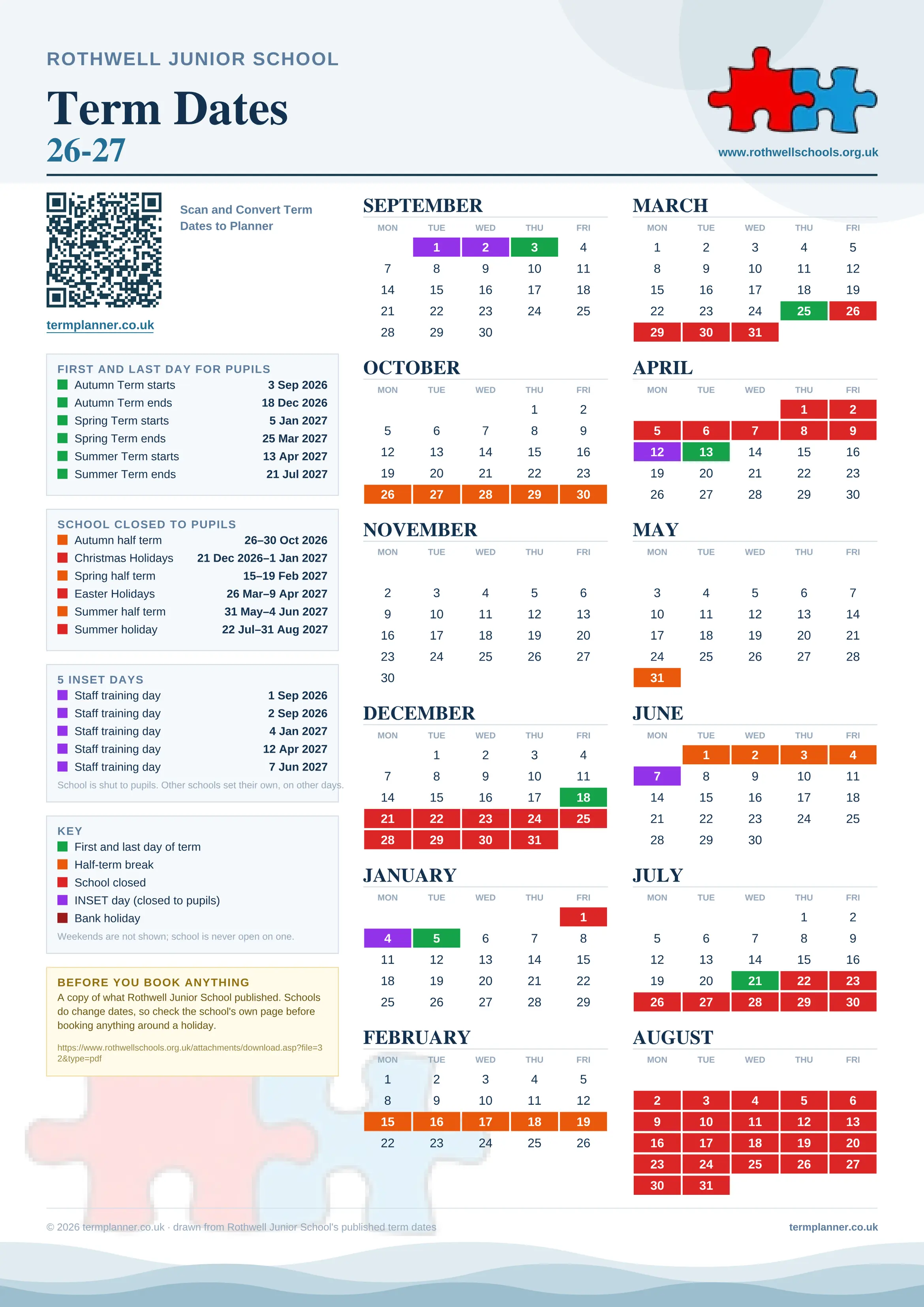 Rothwell Junior School’s 2026/27 school year drawn as one sheet: twelve month grids from September to August, Monday to Friday, with autumn term 3 September to 18 December 2026, spring term 5 January to 25 March 2027, summer term 13 April to 21 July 2027. Half terms, holidays and bank holidays are filled in colour, the first and last day of each term is marked, 5 INSET days are picked out, and every date is listed again in words down the left.