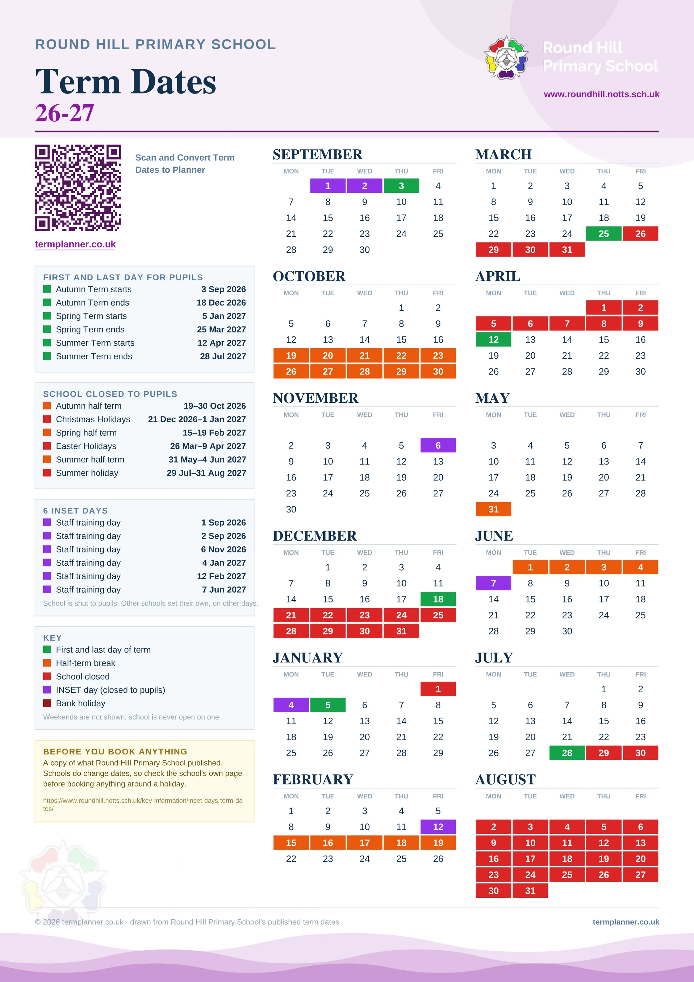 Round Hill Primary School’s 2026/27 school year drawn as one sheet: twelve month grids from September to August, Monday to Friday, with autumn term 3 September to 18 December 2026, spring term 5 January to 25 March 2027, summer term 12 April to 28 July 2027. Half terms, holidays and bank holidays are filled in colour, the first and last day of each term is marked, 6 INSET days are picked out, and every date is listed again in words down the left.