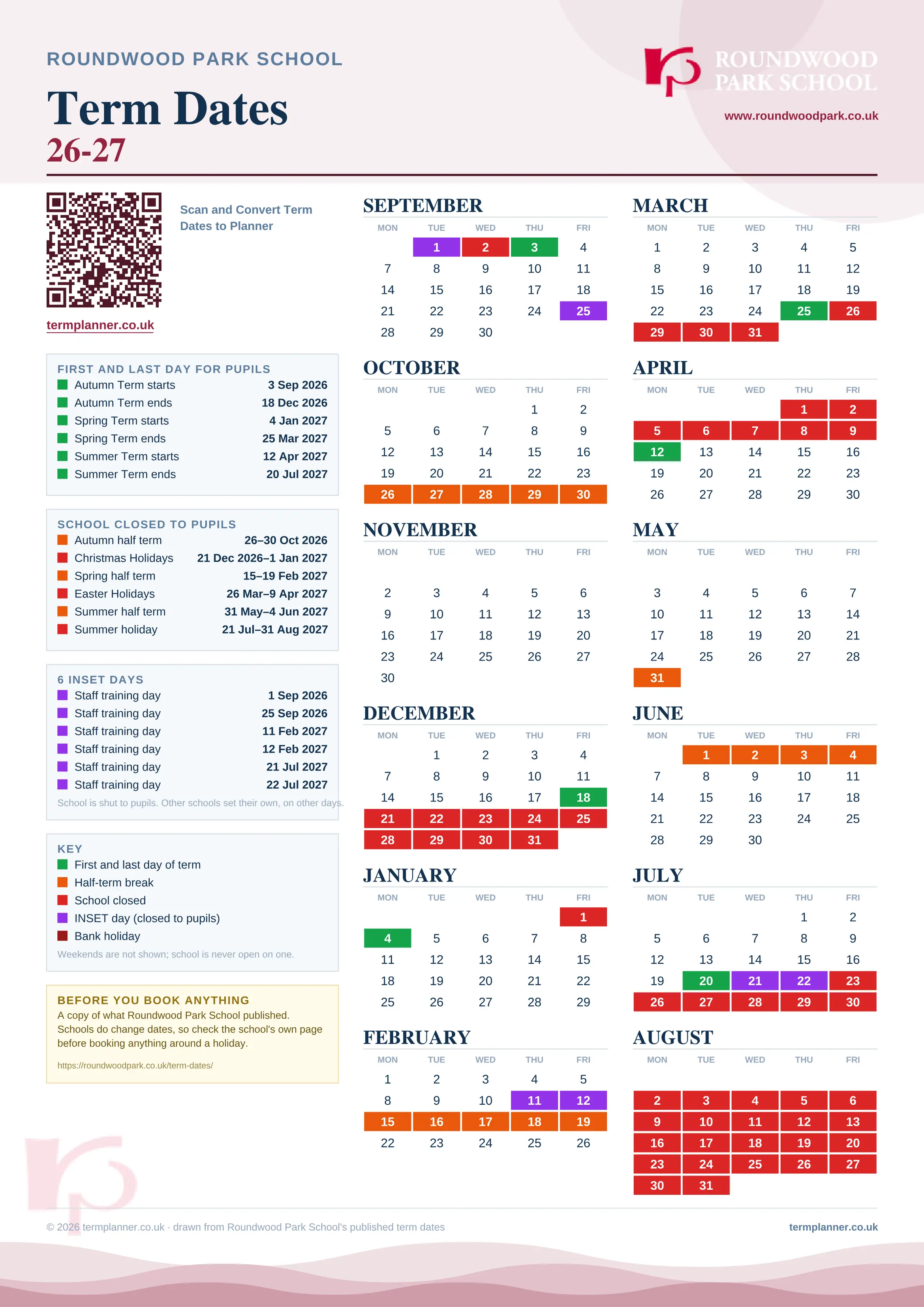 Roundwood Park School’s 2026/27 school year drawn as one sheet: twelve month grids from September to August, Monday to Friday, with autumn term 3 September to 18 December 2026, spring term 4 January to 25 March 2027, summer term 12 April to 20 July 2027. Half terms, holidays and bank holidays are filled in colour, the first and last day of each term is marked, 6 INSET days are picked out, and every date is listed again in words down the left.