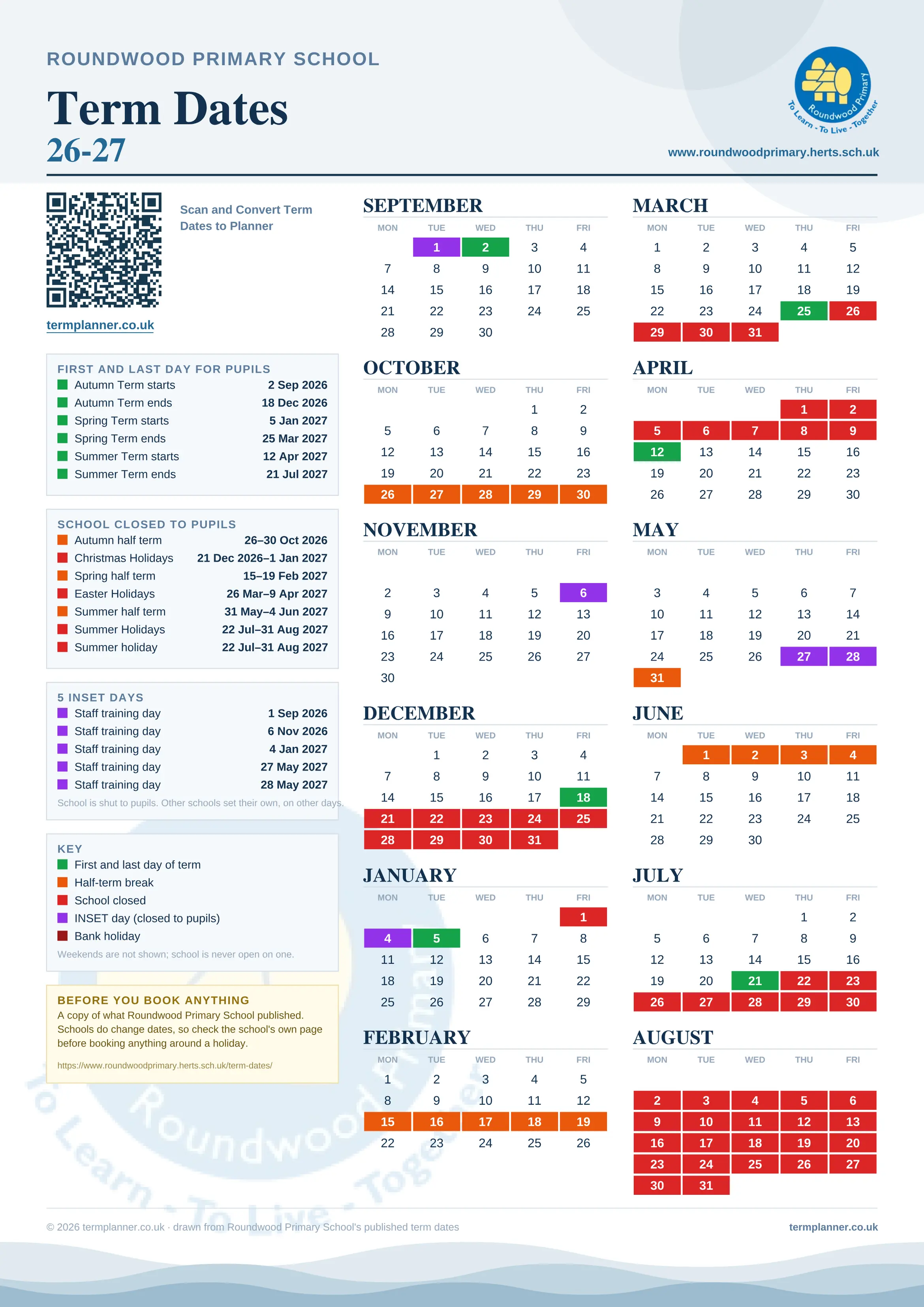 Roundwood Primary School’s 2026/27 school year drawn as one sheet: twelve month grids from September to August, Monday to Friday, with autumn term 2 September to 18 December 2026, spring term 5 January to 25 March 2027, summer term 12 April to 21 July 2027. Half terms, holidays and bank holidays are filled in colour, the first and last day of each term is marked, 5 INSET days are picked out, and every date is listed again in words down the left.