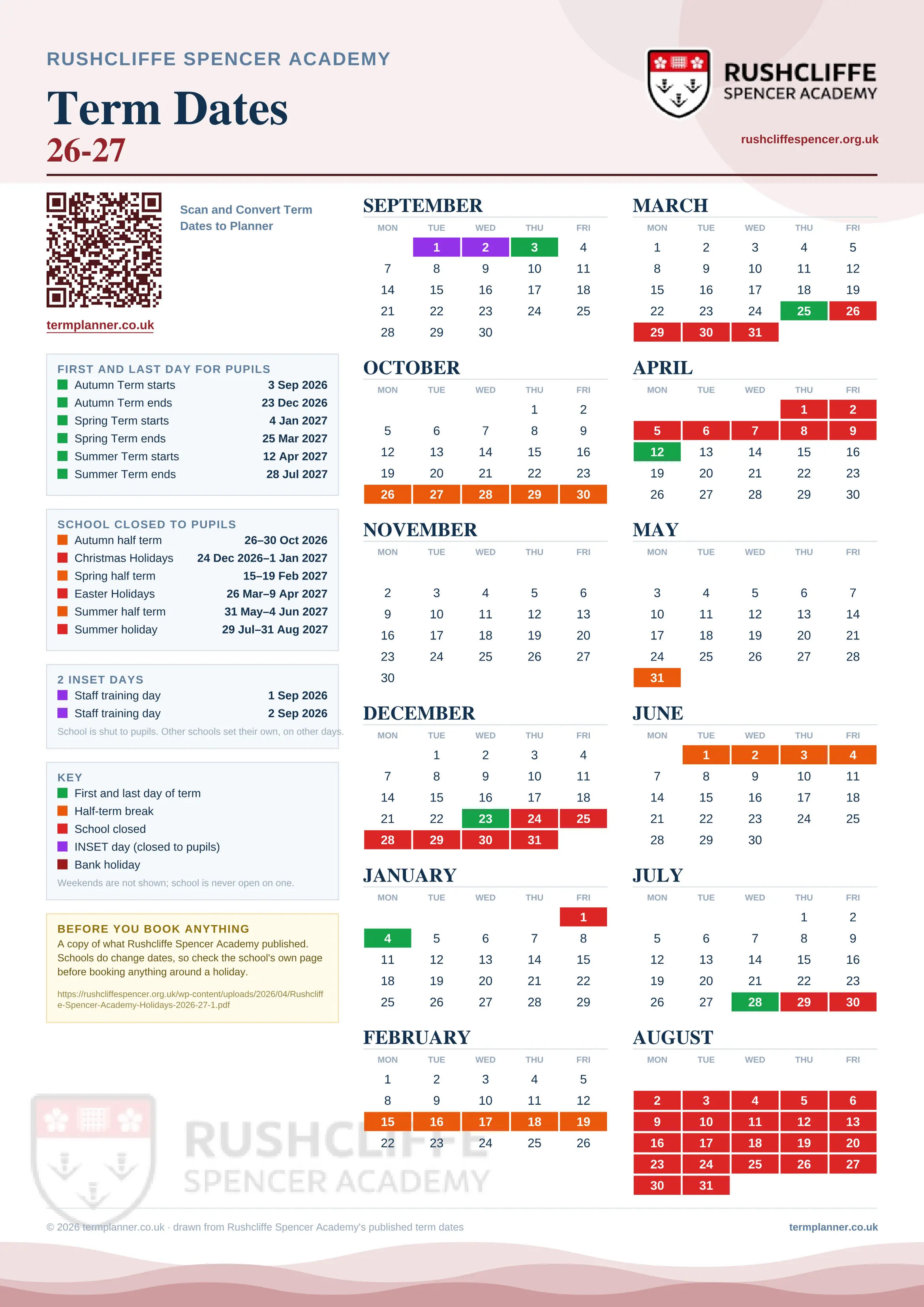 Rushcliffe Spencer Academy’s 2026/27 school year drawn as one sheet: twelve month grids from September to August, Monday to Friday, with autumn term 3 September to 23 December 2026, spring term 4 January to 25 March 2027, summer term 12 April to 28 July 2027. Half terms, holidays and bank holidays are filled in colour, the first and last day of each term is marked, 2 INSET days are picked out, and every date is listed again in words down the left.