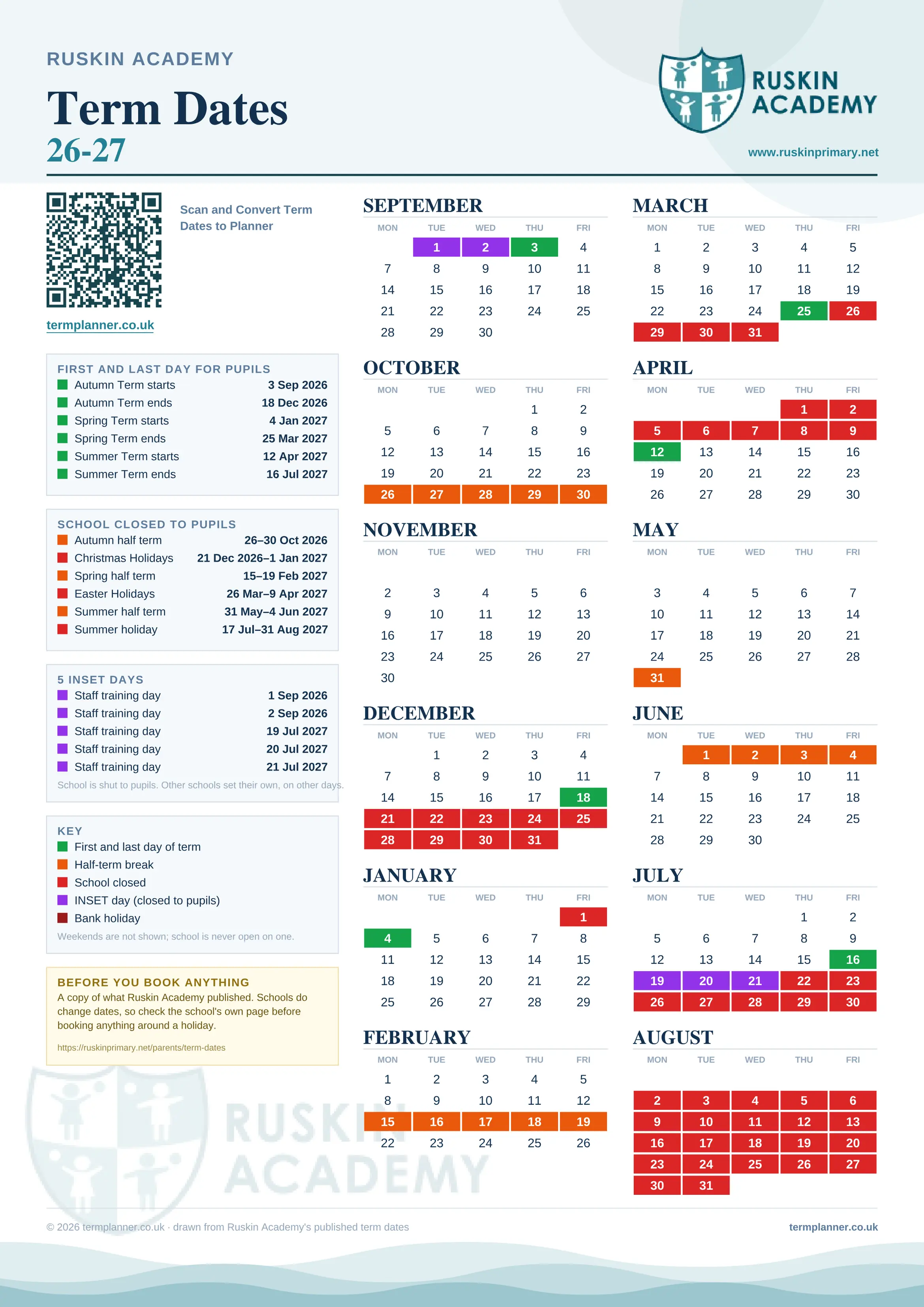 Ruskin Academy’s 2026/27 school year drawn as one sheet: twelve month grids from September to August, Monday to Friday, with autumn term 3 September to 18 December 2026, spring term 4 January to 25 March 2027, summer term 12 April to 16 July 2027. Half terms, holidays and bank holidays are filled in colour, the first and last day of each term is marked, 5 INSET days are picked out, and every date is listed again in words down the left.