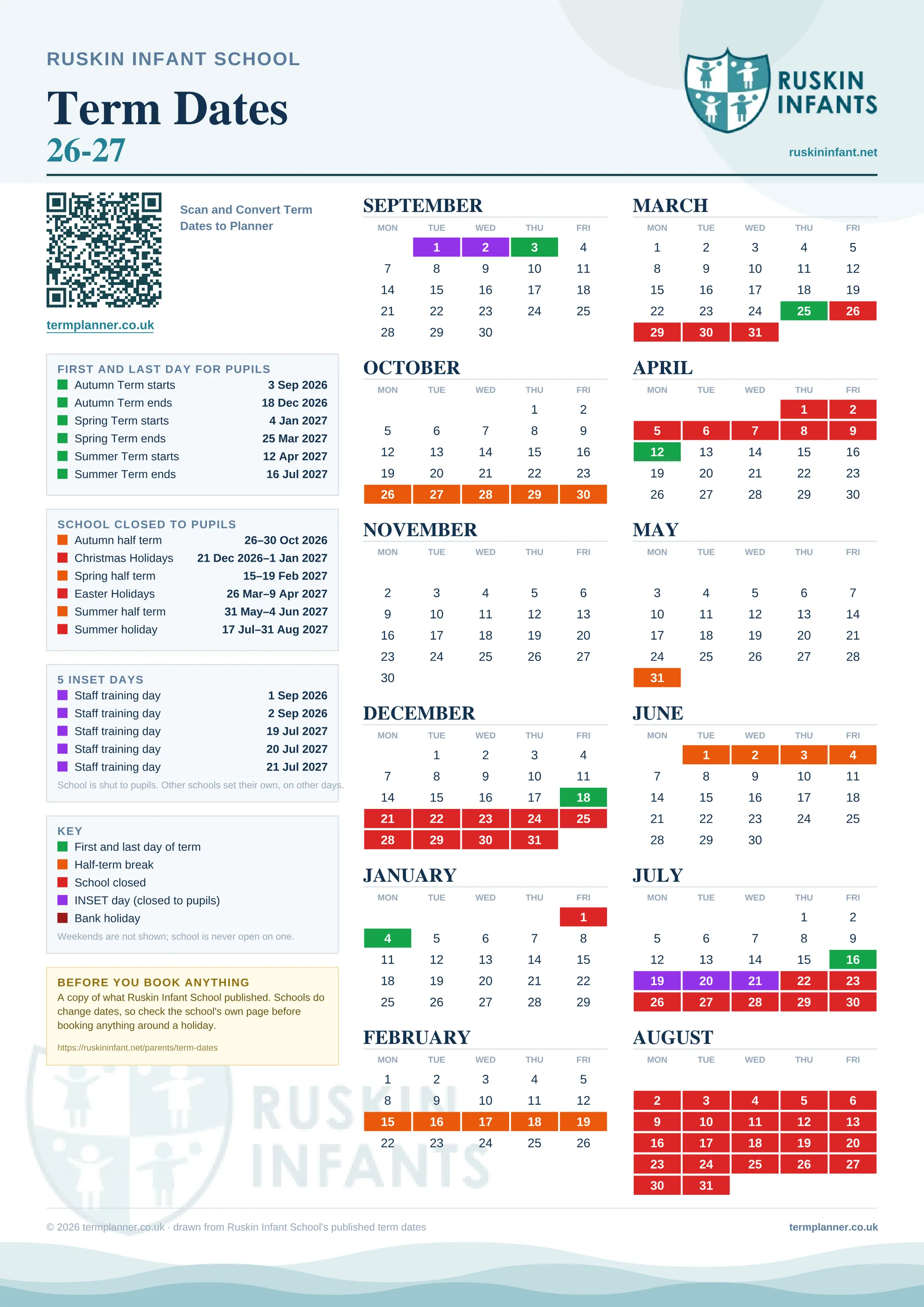 Ruskin Infant School’s 2026/27 school year drawn as one sheet: twelve month grids from September to August, Monday to Friday, with autumn term 3 September to 18 December 2026, spring term 4 January to 25 March 2027, summer term 12 April to 16 July 2027. Half terms, holidays and bank holidays are filled in colour, the first and last day of each term is marked, 5 INSET days are picked out, and every date is listed again in words down the left.
