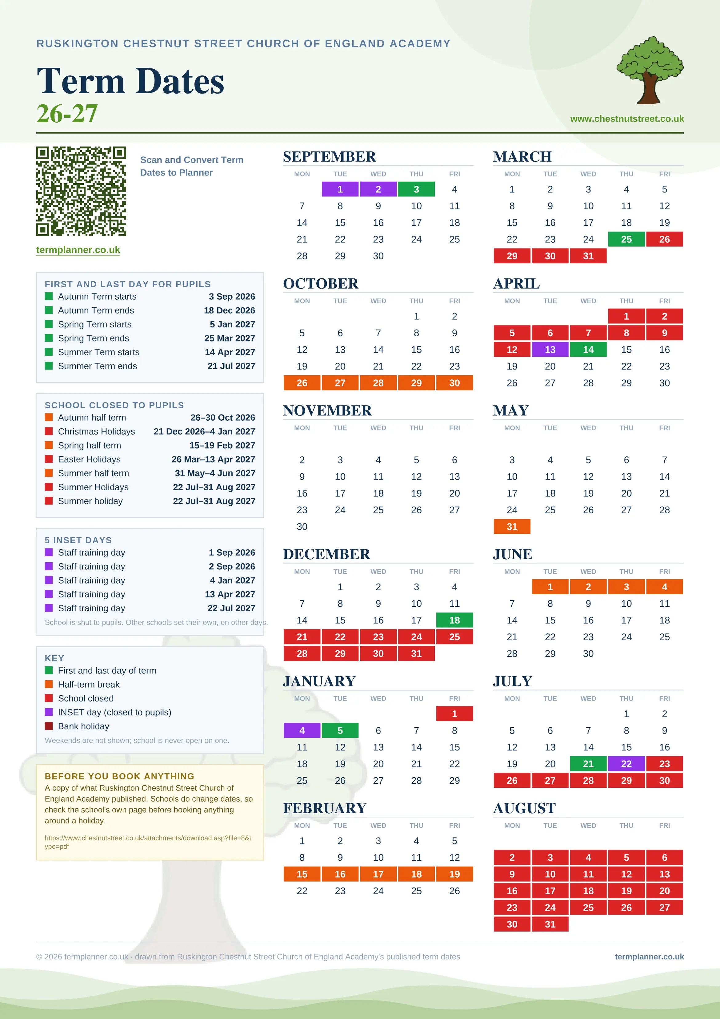 Ruskington Chestnut Street Church of England Academy’s 2026/27 school year drawn as one sheet: twelve month grids from September to August, Monday to Friday, with autumn term 3 September to 18 December 2026, spring term 5 January to 25 March 2027, summer term 14 April to 21 July 2027. Half terms, holidays and bank holidays are filled in colour, the first and last day of each term is marked, 5 INSET days are picked out, and every date is listed again in words down the left.
