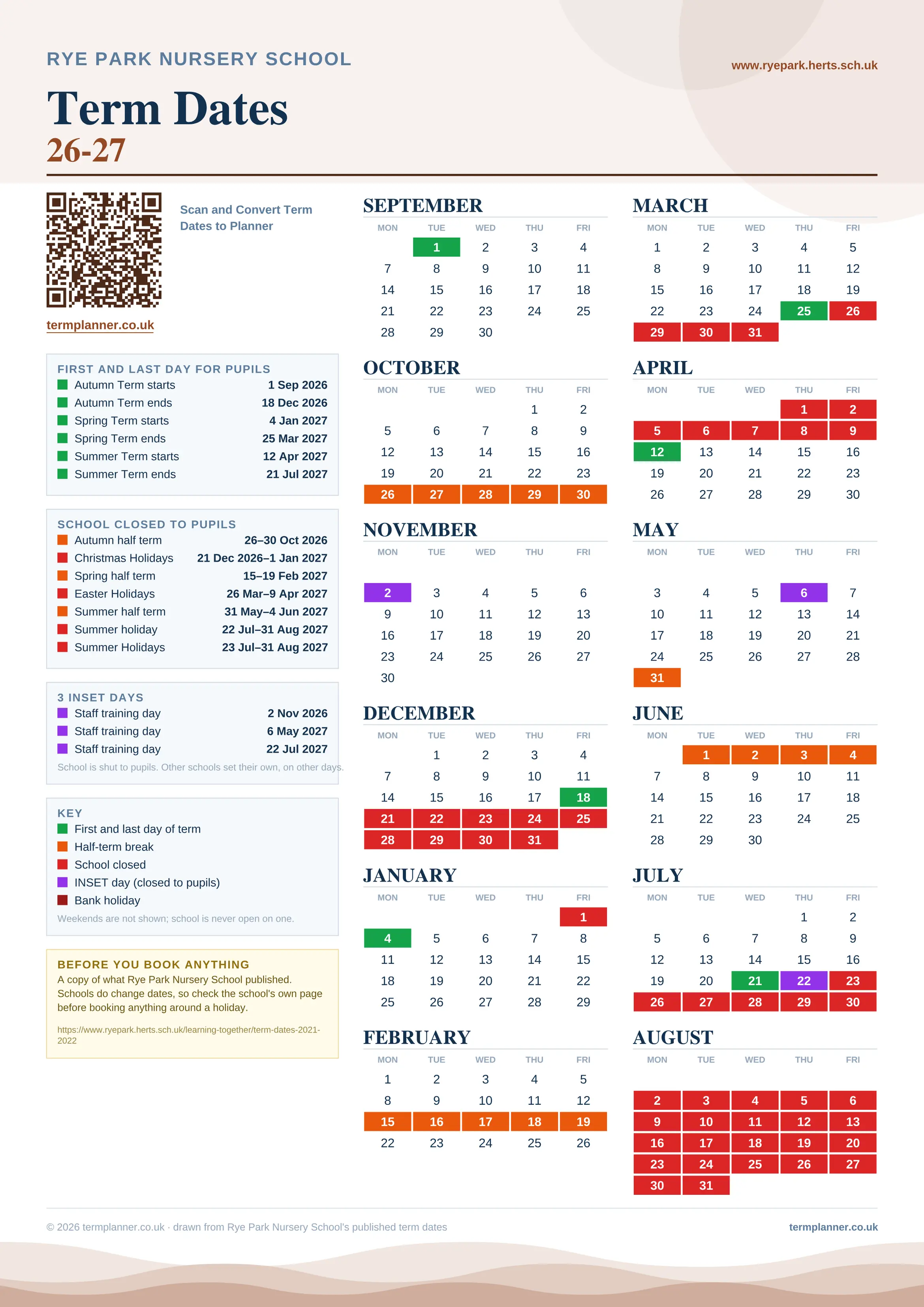 Rye Park Nursery School’s 2026/27 school year drawn as one sheet: twelve month grids from September to August, Monday to Friday, with autumn term 1 September to 18 December 2026, spring term 4 January to 25 March 2027, summer term 12 April to 21 July 2027. Half terms, holidays and bank holidays are filled in colour, the first and last day of each term is marked, 3 INSET days are picked out, and every date is listed again in words down the left.