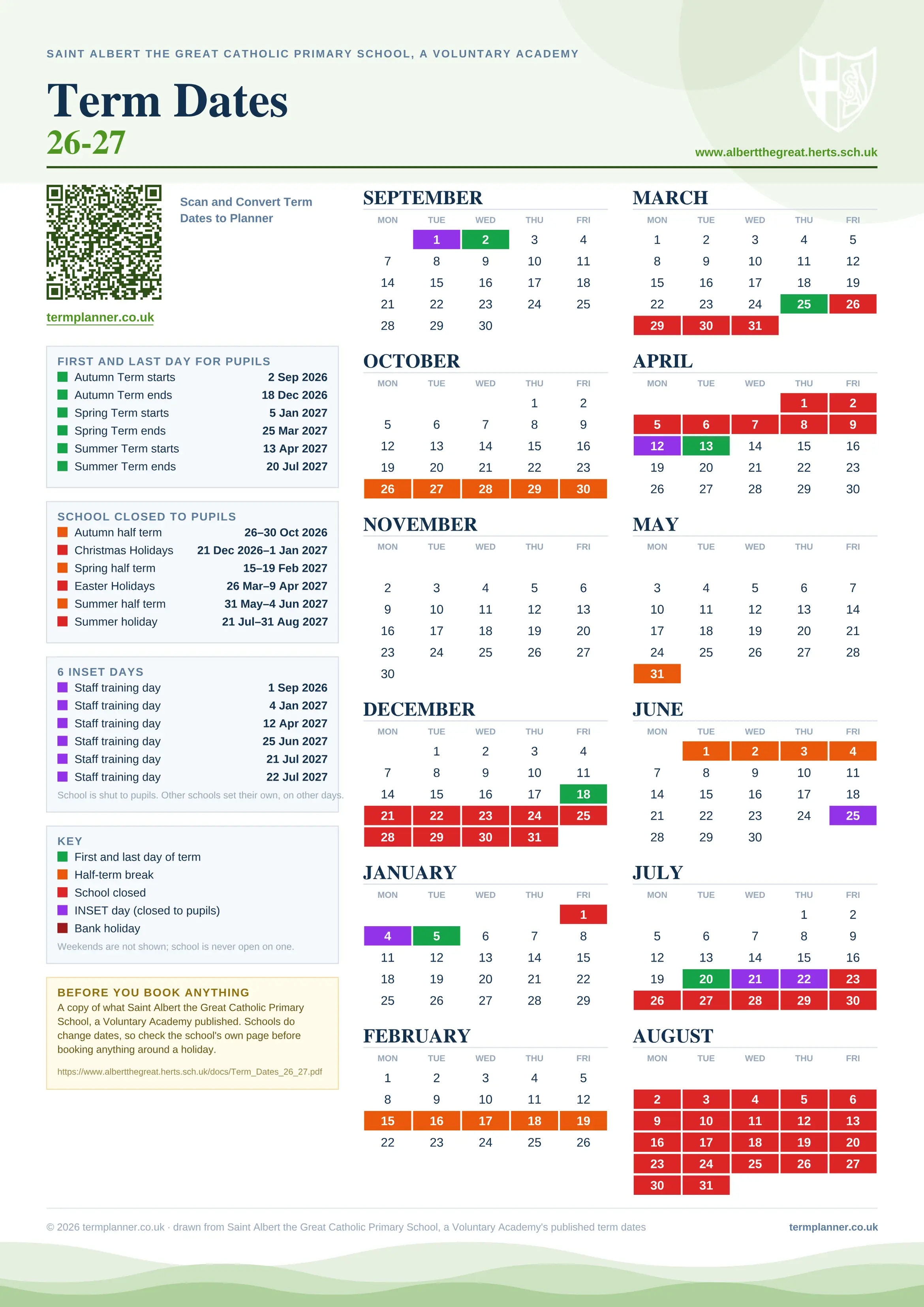 Saint Albert the Great Catholic Primary School, a Voluntary Academy’s 2026/27 school year drawn as one sheet: twelve month grids from September to August, Monday to Friday, with autumn term 2 September to 18 December 2026, spring term 5 January to 25 March 2027, summer term 13 April to 20 July 2027. Half terms, holidays and bank holidays are filled in colour, the first and last day of each term is marked, 6 INSET days are picked out, and every date is listed again in words down the left.
