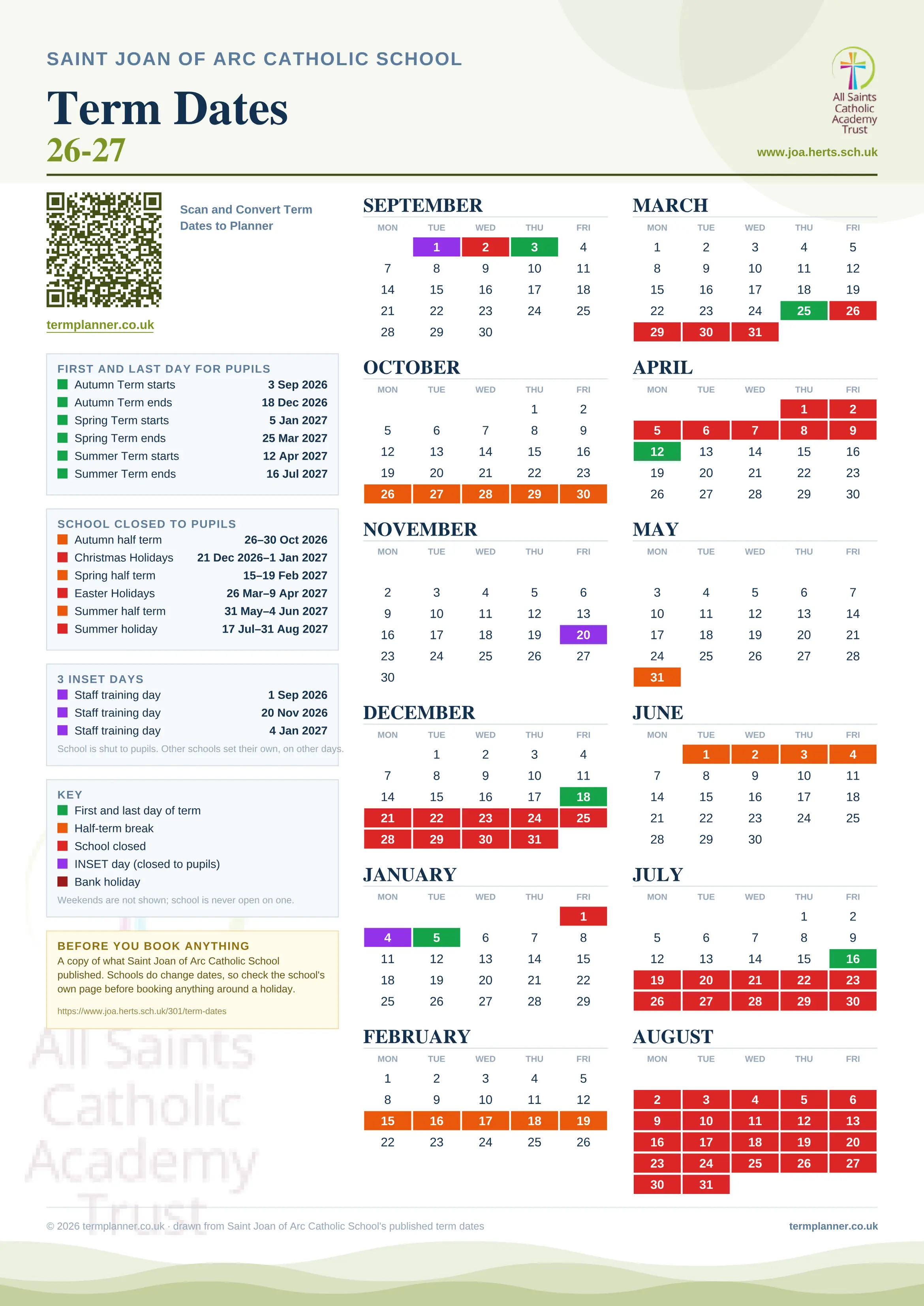 Saint Joan of Arc Catholic School’s 2026/27 school year drawn as one sheet: twelve month grids from September to August, Monday to Friday, with autumn term 3 September to 18 December 2026, spring term 5 January to 25 March 2027, summer term 12 April to 16 July 2027. Half terms, holidays and bank holidays are filled in colour, the first and last day of each term is marked, 3 INSET days are picked out, and every date is listed again in words down the left.
