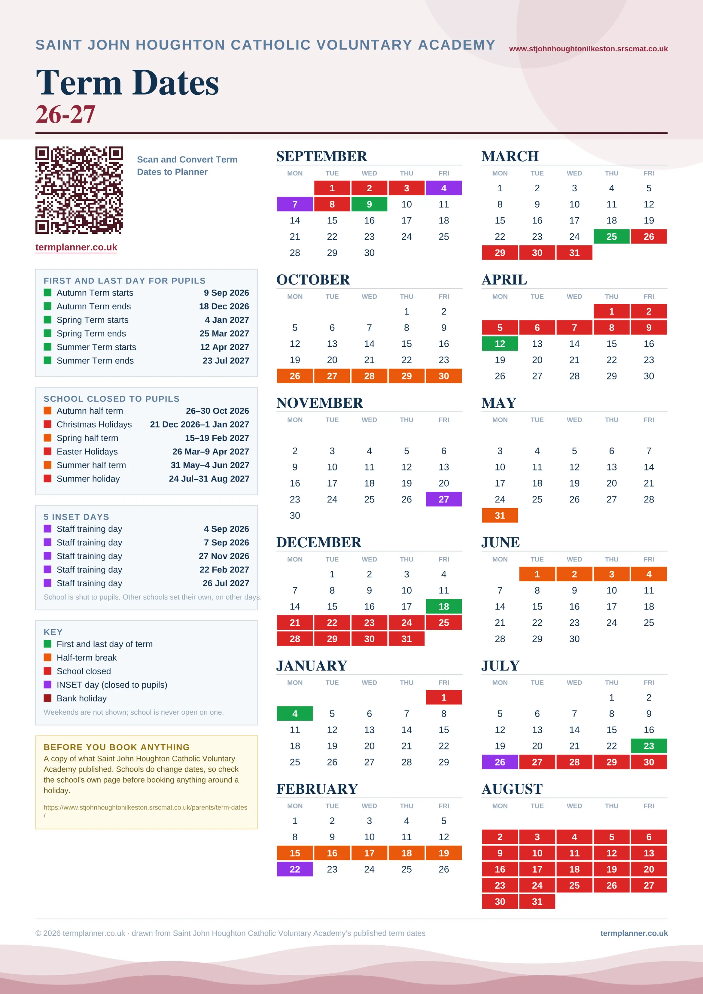 Saint John Houghton Catholic Voluntary Academy’s 2026/27 school year drawn as one sheet: twelve month grids from September to August, Monday to Friday, with autumn term 9 September to 18 December 2026, spring term 4 January to 25 March 2027, summer term 12 April to 23 July 2027. Half terms, holidays and bank holidays are filled in colour, the first and last day of each term is marked, 5 INSET days are picked out, and every date is listed again in words down the left.