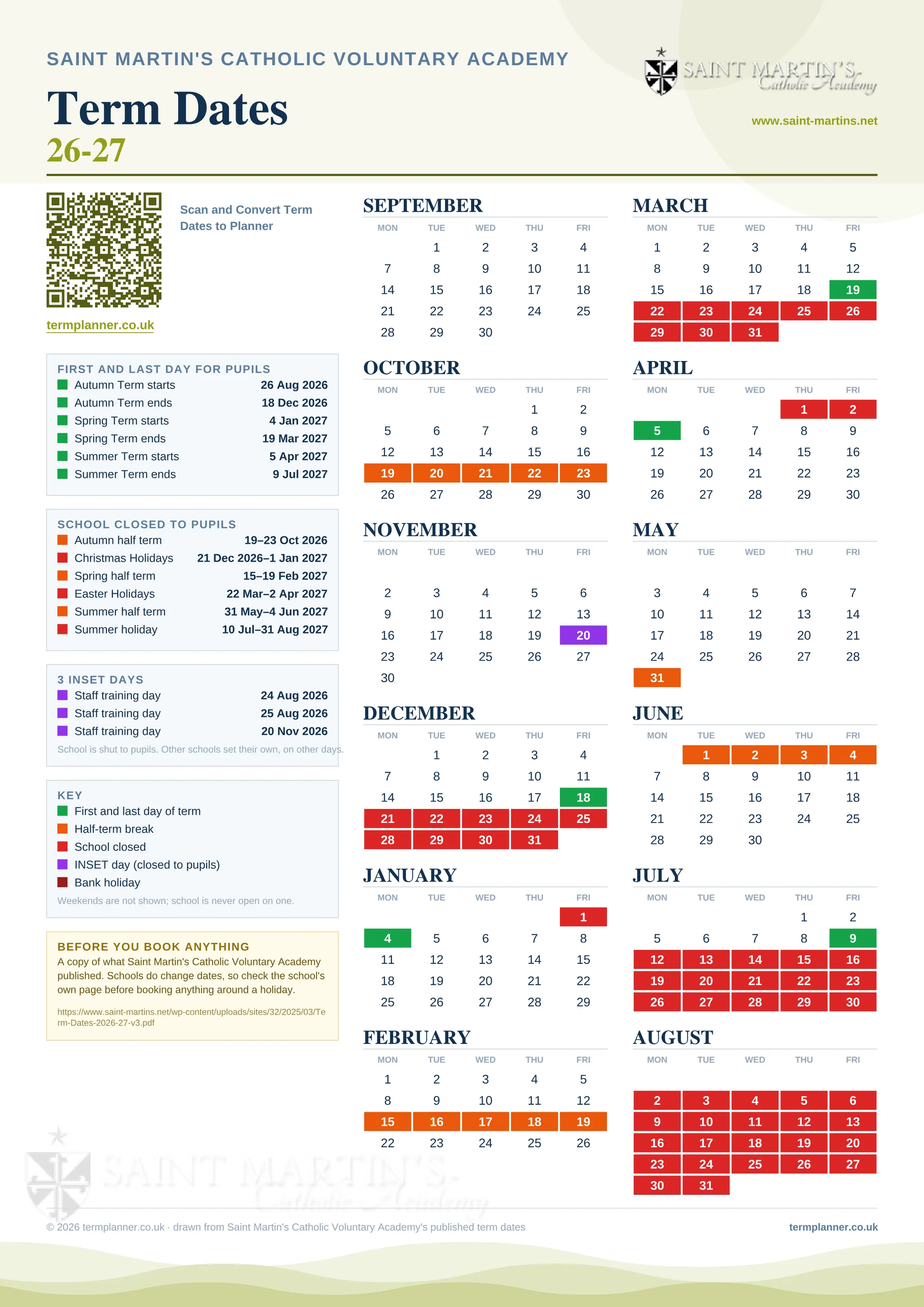 Saint Martin's Catholic Voluntary Academy’s 2026/27 school year drawn as one sheet: twelve month grids from September to August, Monday to Friday, with autumn term 26 August to 18 December 2026, spring term 4 January to 19 March 2027, summer term 5 April to 9 July 2027. Half terms, holidays and bank holidays are filled in colour, the first and last day of each term is marked, 3 INSET days are picked out, and every date is listed again in words down the left.