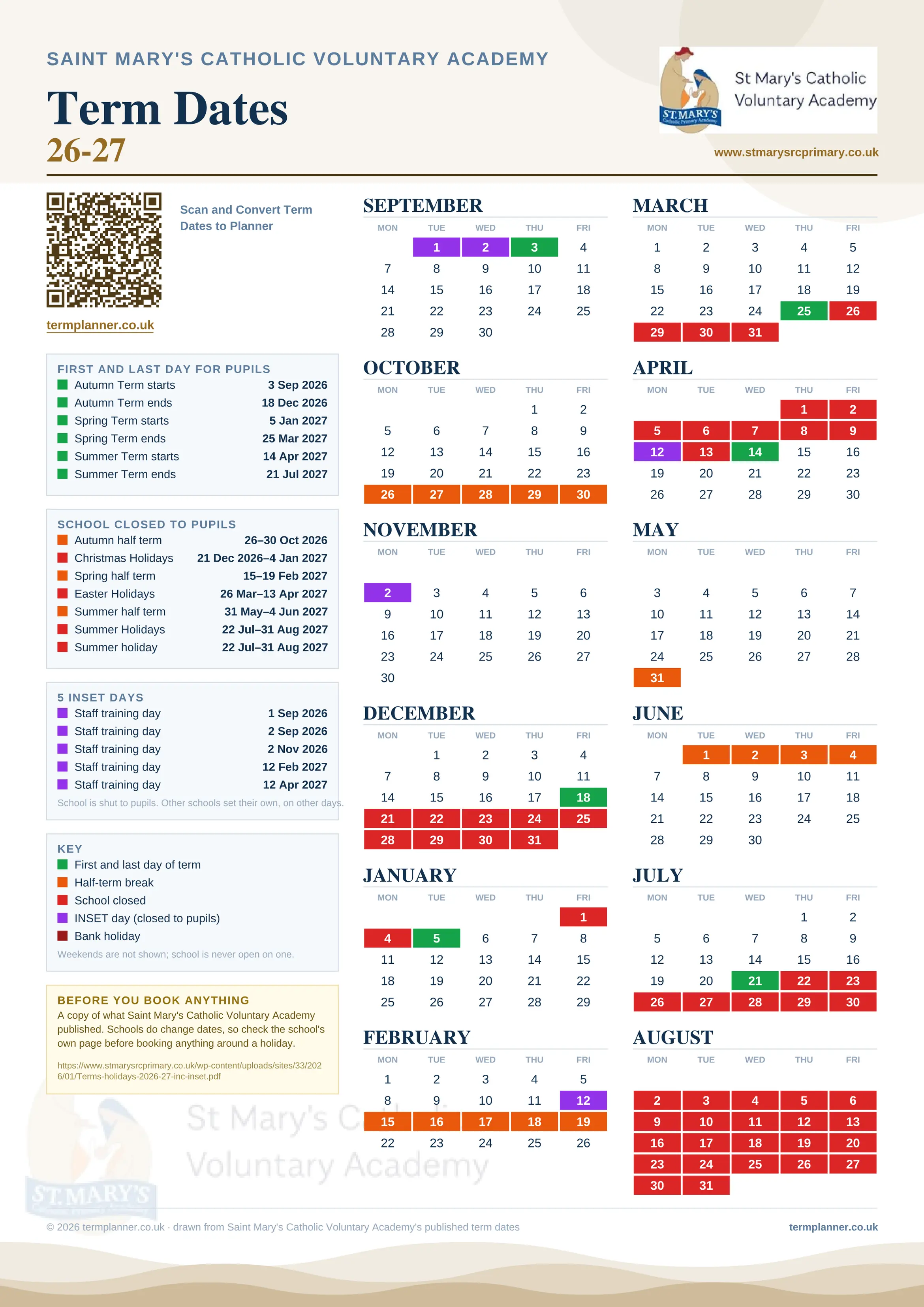 Saint Mary's Catholic Voluntary Academy’s 2026/27 school year drawn as one sheet: twelve month grids from September to August, Monday to Friday, with autumn term 3 September to 18 December 2026, spring term 5 January to 25 March 2027, summer term 14 April to 21 July 2027. Half terms, holidays and bank holidays are filled in colour, the first and last day of each term is marked, 5 INSET days are picked out, and every date is listed again in words down the left.