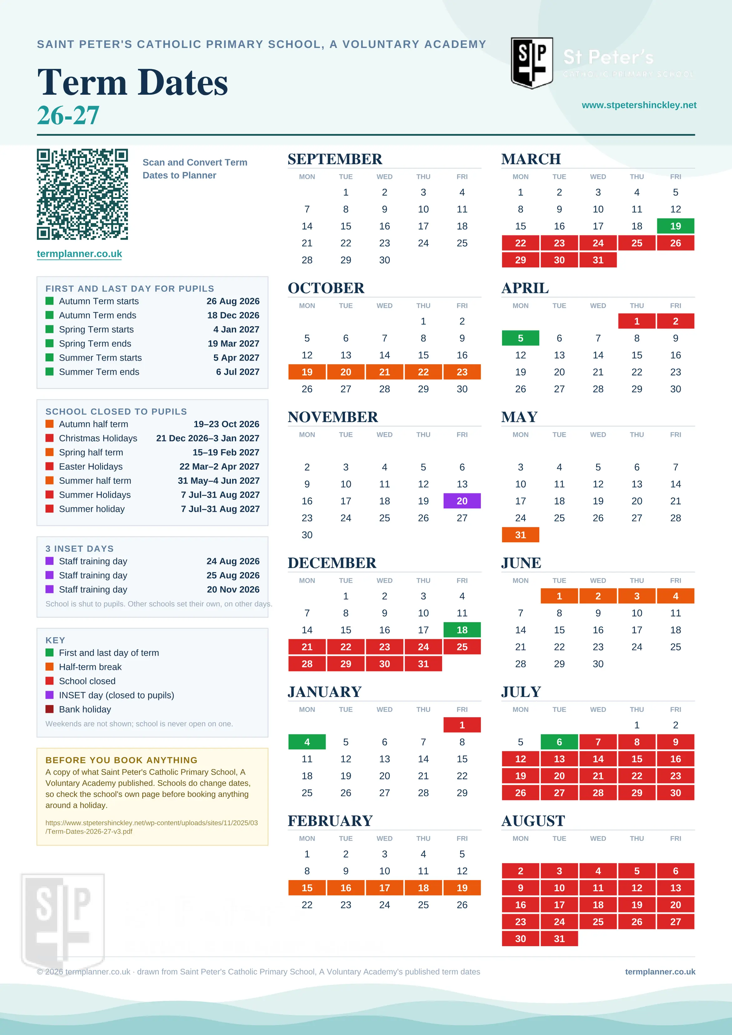 Saint Peter's Catholic Primary School, A Voluntary Academy’s 2026/27 school year drawn as one sheet: twelve month grids from September to August, Monday to Friday, with autumn term 26 August to 18 December 2026, spring term 4 January to 19 March 2027, summer term 5 April to 6 July 2027. Half terms, holidays and bank holidays are filled in colour, the first and last day of each term is marked, 3 INSET days are picked out, and every date is listed again in words down the left.