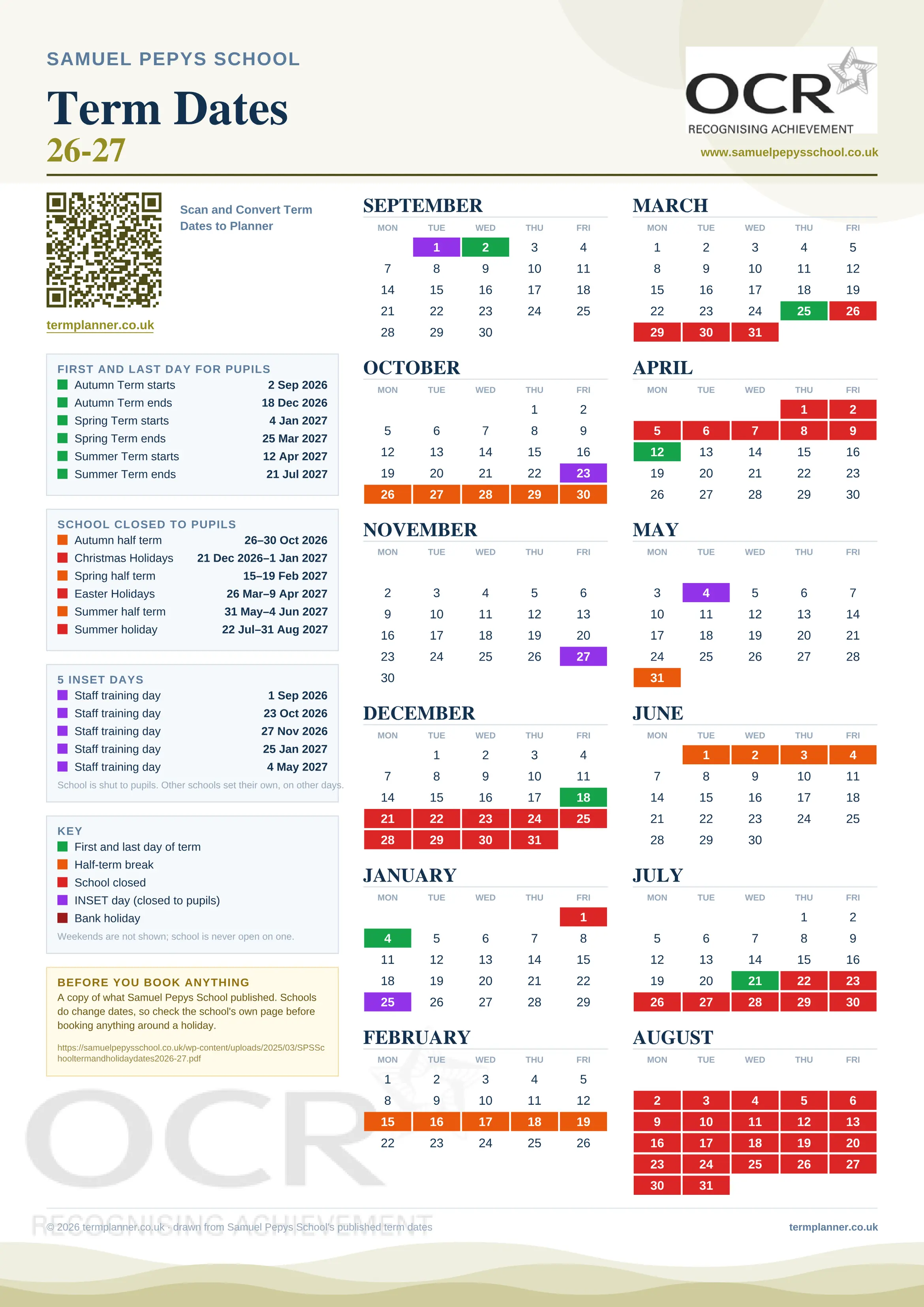 Samuel Pepys School’s 2026/27 school year drawn as one sheet: twelve month grids from September to August, Monday to Friday, with autumn term 2 September to 18 December 2026, spring term 4 January to 25 March 2027, summer term 12 April to 21 July 2027. Half terms, holidays and bank holidays are filled in colour, the first and last day of each term is marked, 5 INSET days are picked out, and every date is listed again in words down the left.