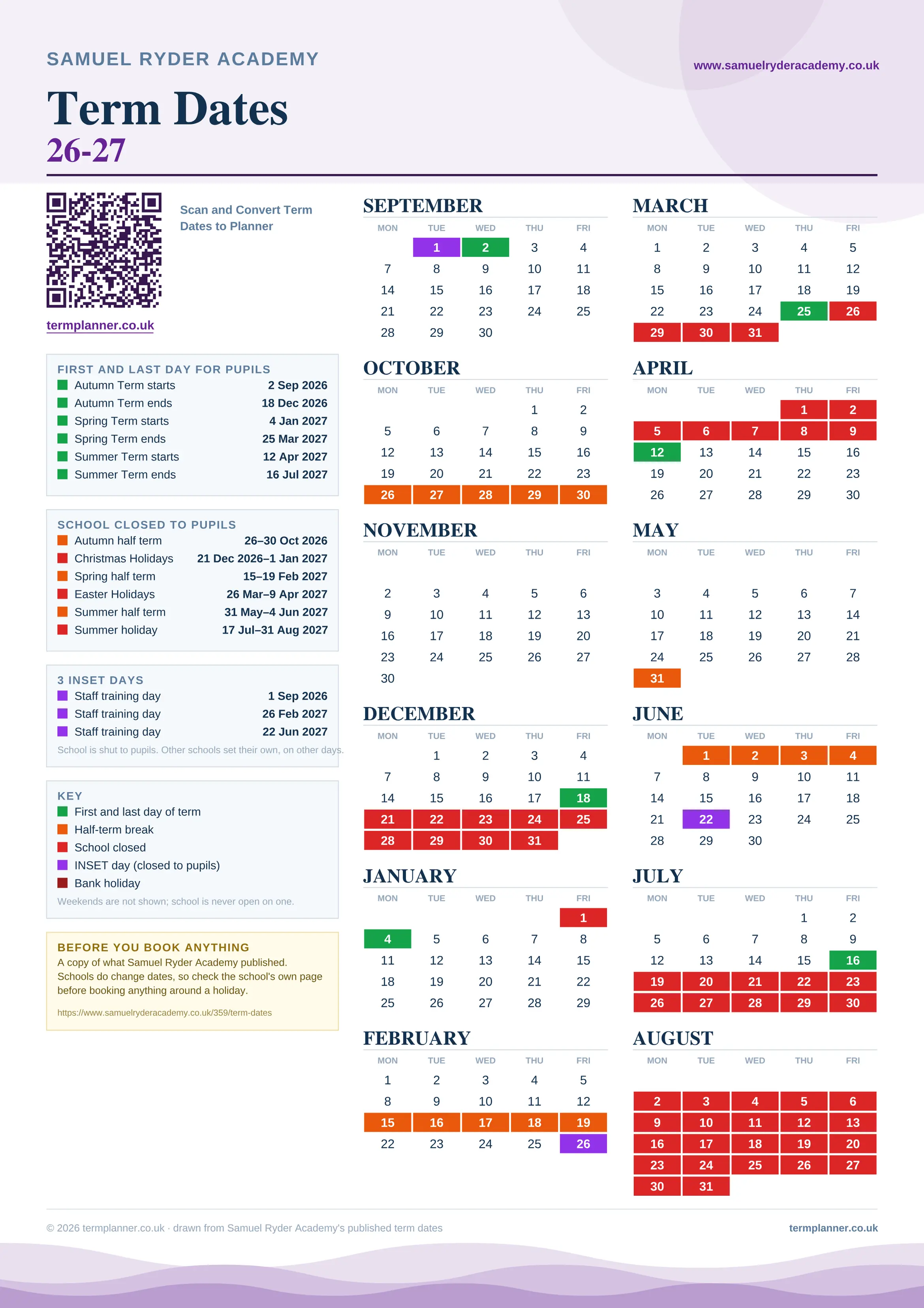 Samuel Ryder Academy’s 2026/27 school year drawn as one sheet: twelve month grids from September to August, Monday to Friday, with autumn term 2 September to 18 December 2026, spring term 4 January to 25 March 2027, summer term 12 April to 16 July 2027. Half terms, holidays and bank holidays are filled in colour, the first and last day of each term is marked, 3 INSET days are picked out, and every date is listed again in words down the left.