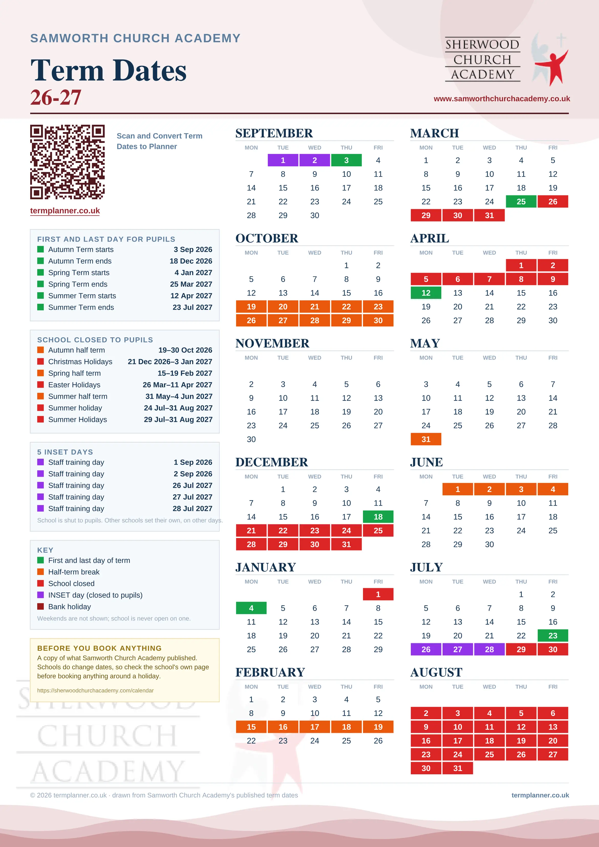 Samworth Church Academy’s 2026/27 school year drawn as one sheet: twelve month grids from September to August, Monday to Friday, with autumn term 3 September to 18 December 2026, spring term 4 January to 25 March 2027, summer term 12 April to 23 July 2027. Half terms, holidays and bank holidays are filled in colour, the first and last day of each term is marked, 5 INSET days are picked out, and every date is listed again in words down the left.