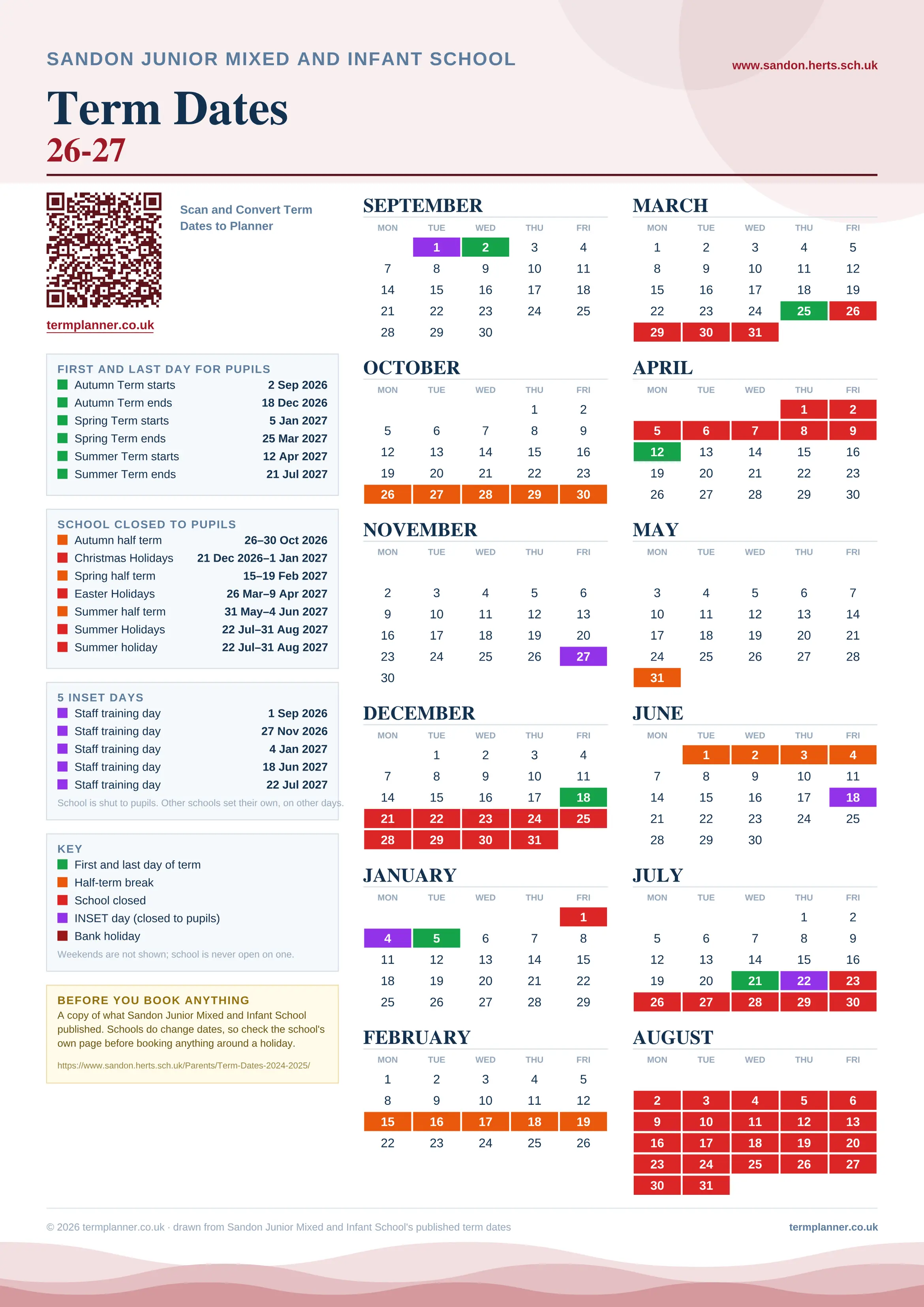 Sandon Junior Mixed and Infant School’s 2026/27 school year drawn as one sheet: twelve month grids from September to August, Monday to Friday, with autumn term 2 September to 18 December 2026, spring term 5 January to 25 March 2027, summer term 12 April to 21 July 2027. Half terms, holidays and bank holidays are filled in colour, the first and last day of each term is marked, 5 INSET days are picked out, and every date is listed again in words down the left.