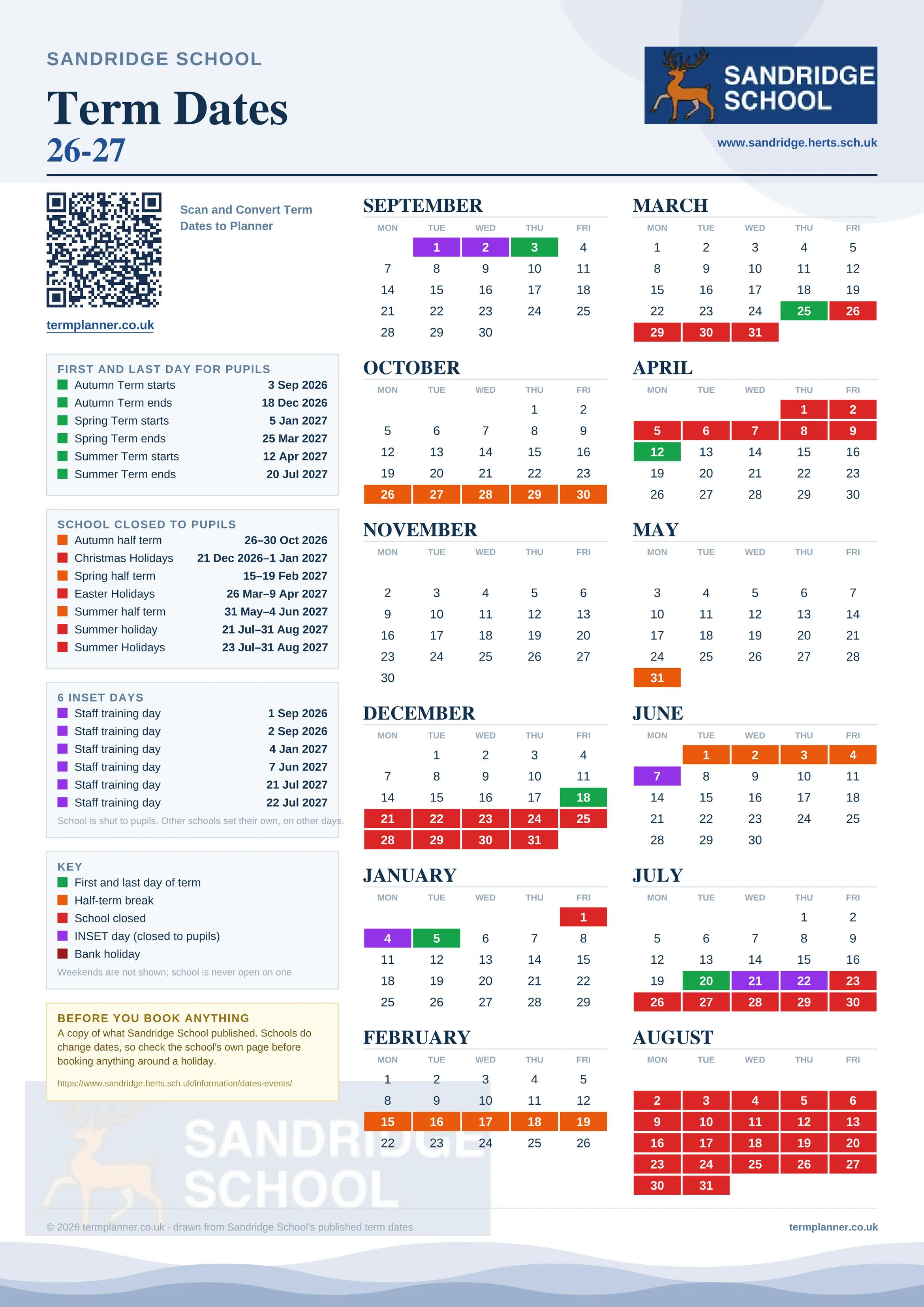 Sandridge School’s 2026/27 school year drawn as one sheet: twelve month grids from September to August, Monday to Friday, with autumn term 3 September to 18 December 2026, spring term 5 January to 25 March 2027, summer term 12 April to 20 July 2027. Half terms, holidays and bank holidays are filled in colour, the first and last day of each term is marked, 6 INSET days are picked out, and every date is listed again in words down the left.