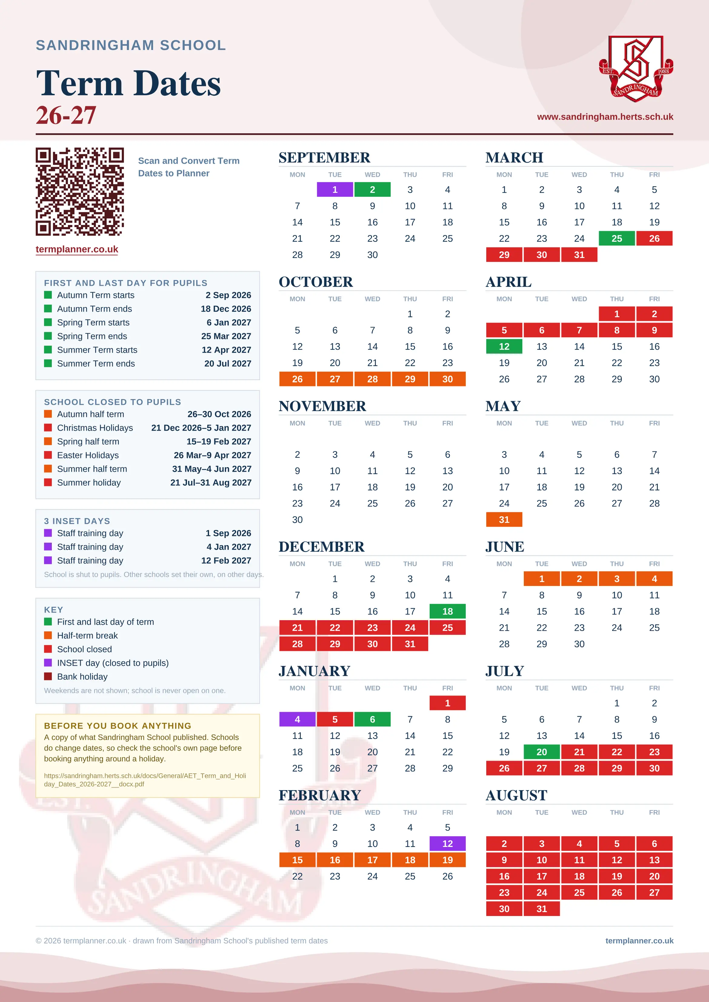 Sandringham School’s 2026/27 school year drawn as one sheet: twelve month grids from September to August, Monday to Friday, with autumn term 2 September to 18 December 2026, spring term 6 January to 25 March 2027, summer term 12 April to 20 July 2027. Half terms, holidays and bank holidays are filled in colour, the first and last day of each term is marked, 3 INSET days are picked out, and every date is listed again in words down the left.