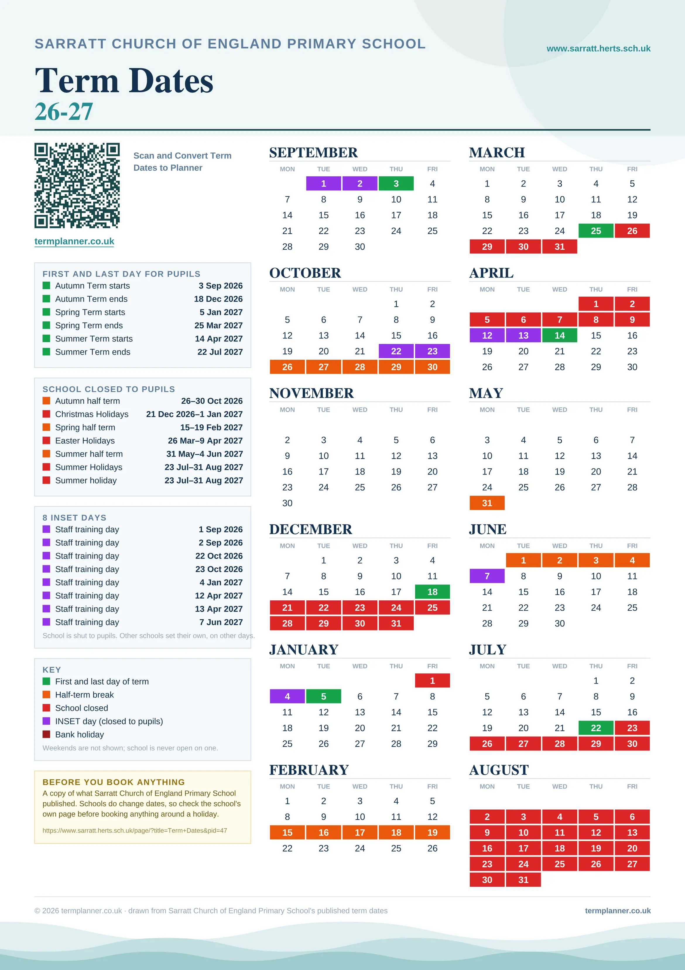 Sarratt Church of England Primary School’s 2026/27 school year drawn as one sheet: twelve month grids from September to August, Monday to Friday, with autumn term 3 September to 18 December 2026, spring term 5 January to 25 March 2027, summer term 14 April to 22 July 2027. Half terms, holidays and bank holidays are filled in colour, the first and last day of each term is marked, 8 INSET days are picked out, and every date is listed again in words down the left.