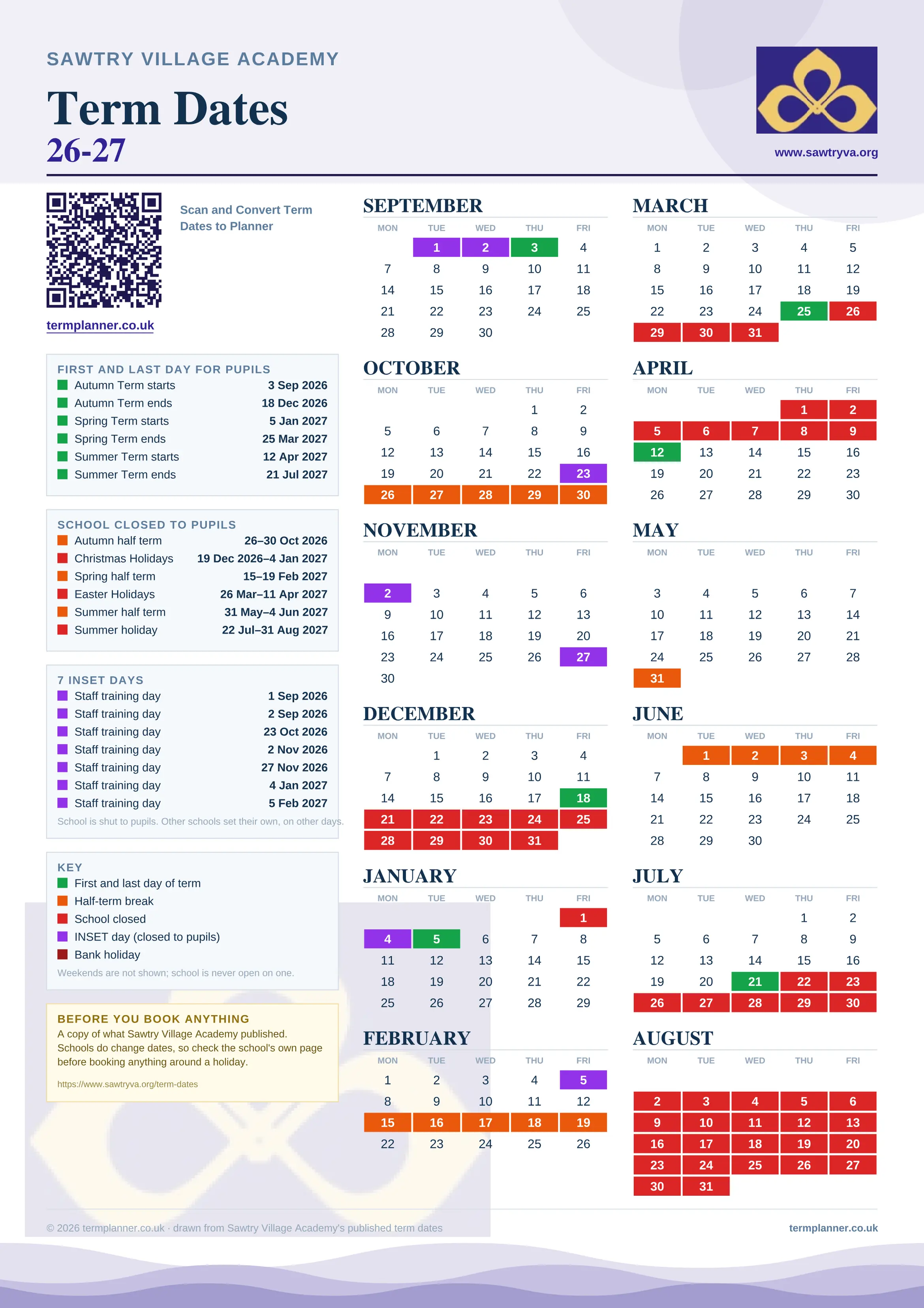 Sawtry Village Academy’s 2026/27 school year drawn as one sheet: twelve month grids from September to August, Monday to Friday, with autumn term 3 September to 18 December 2026, spring term 5 January to 25 March 2027, summer term 12 April to 21 July 2027. Half terms, holidays and bank holidays are filled in colour, the first and last day of each term is marked, 7 INSET days are picked out, and every date is listed again in words down the left.