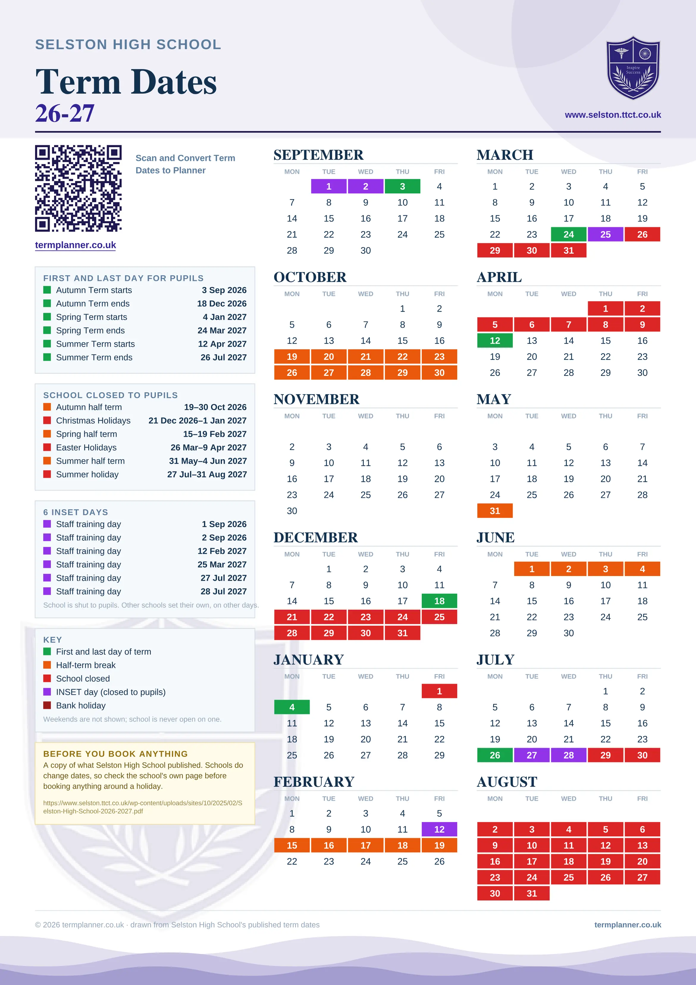 Selston High School’s 2026/27 school year drawn as one sheet: twelve month grids from September to August, Monday to Friday, with autumn term 3 September to 18 December 2026, spring term 4 January to 24 March 2027, summer term 12 April to 26 July 2027. Half terms, holidays and bank holidays are filled in colour, the first and last day of each term is marked, 6 INSET days are picked out, and every date is listed again in words down the left.