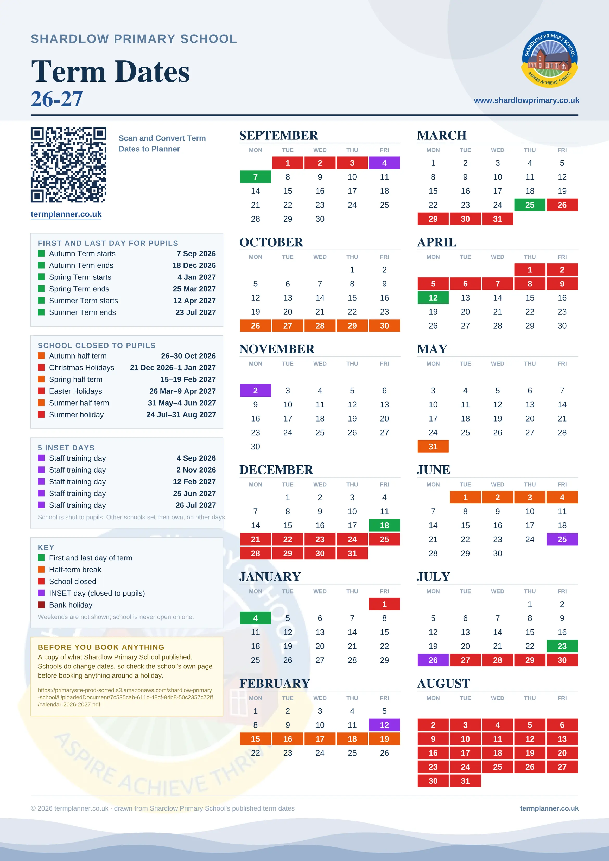 Shardlow Primary School’s 2026/27 school year drawn as one sheet: twelve month grids from September to August, Monday to Friday, with autumn term 7 September to 18 December 2026, spring term 4 January to 25 March 2027, summer term 12 April to 23 July 2027. Half terms, holidays and bank holidays are filled in colour, the first and last day of each term is marked, 5 INSET days are picked out, and every date is listed again in words down the left.