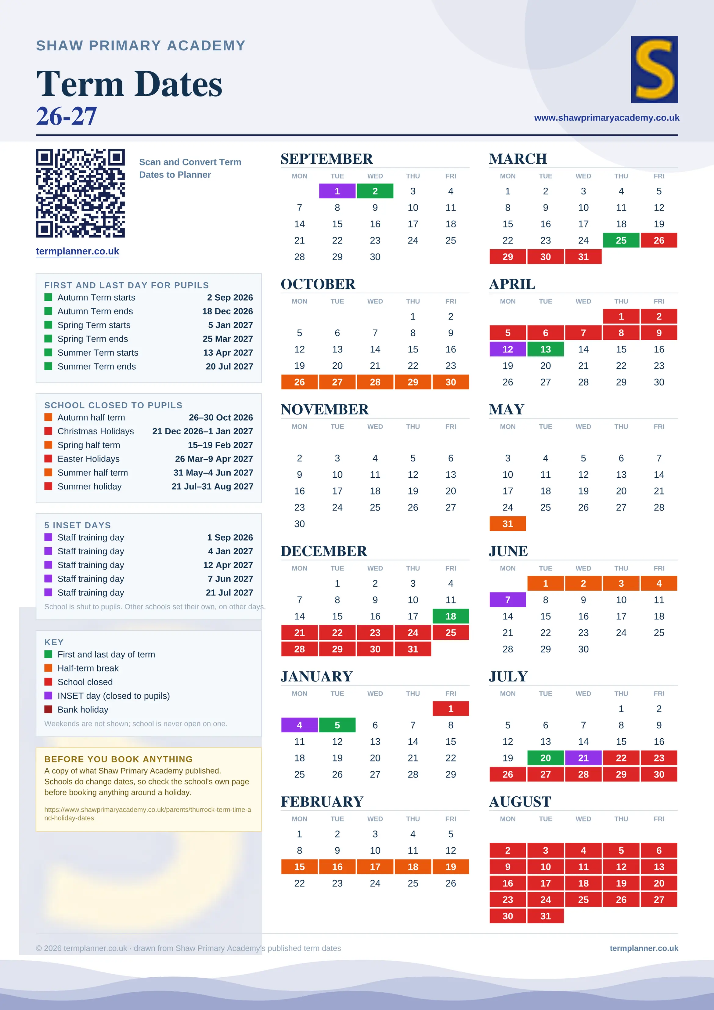 Shaw Primary Academy’s 2026/27 school year drawn as one sheet: twelve month grids from September to August, Monday to Friday, with autumn term 2 September to 18 December 2026, spring term 5 January to 25 March 2027, summer term 13 April to 20 July 2027. Half terms, holidays and bank holidays are filled in colour, the first and last day of each term is marked, 5 INSET days are picked out, and every date is listed again in words down the left.