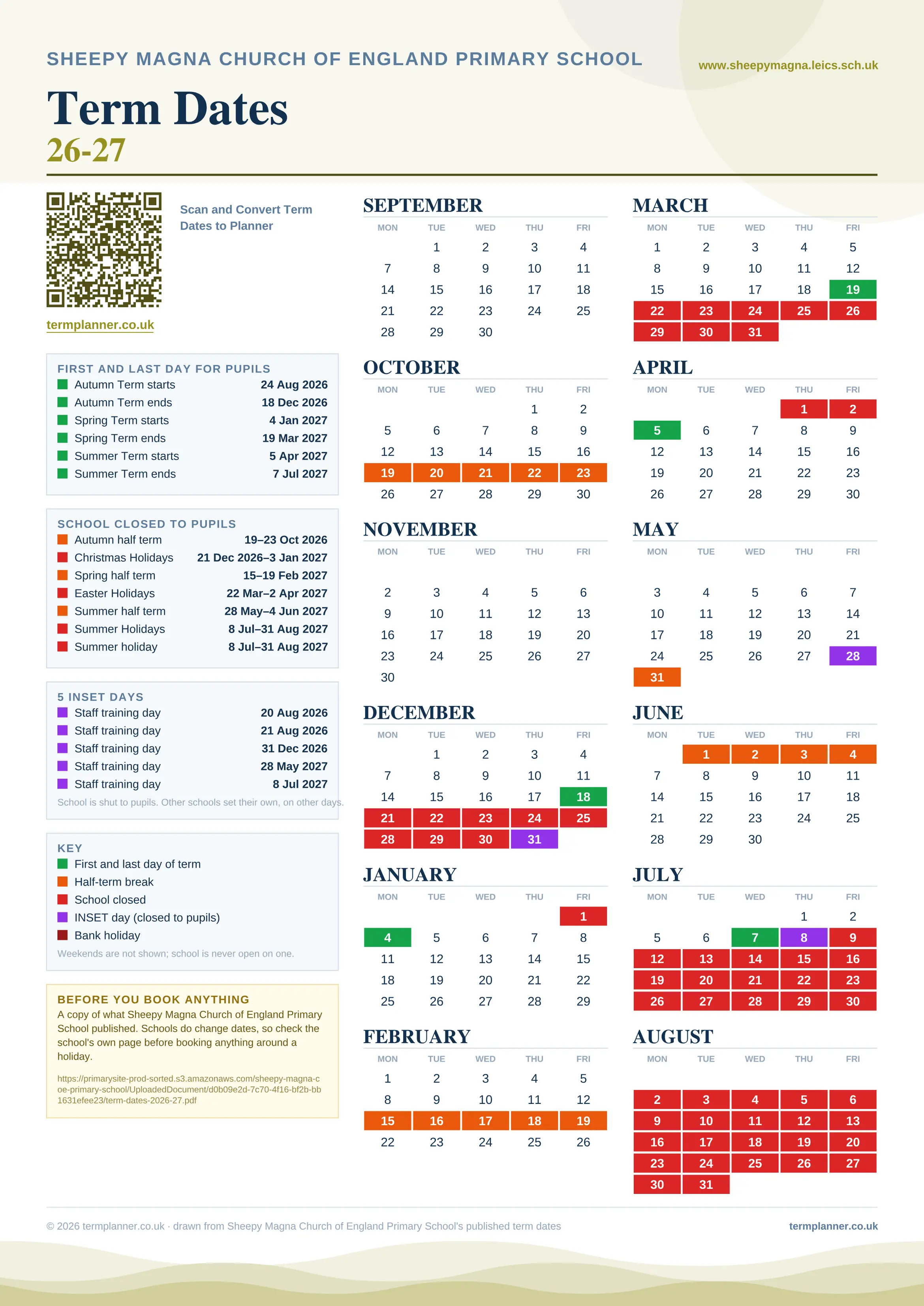 Sheepy Magna Church of England Primary School’s 2026/27 school year drawn as one sheet: twelve month grids from September to August, Monday to Friday, with autumn term 24 August to 18 December 2026, spring term 4 January to 19 March 2027, summer term 5 April to 7 July 2027. Half terms, holidays and bank holidays are filled in colour, the first and last day of each term is marked, 5 INSET days are picked out, and every date is listed again in words down the left.