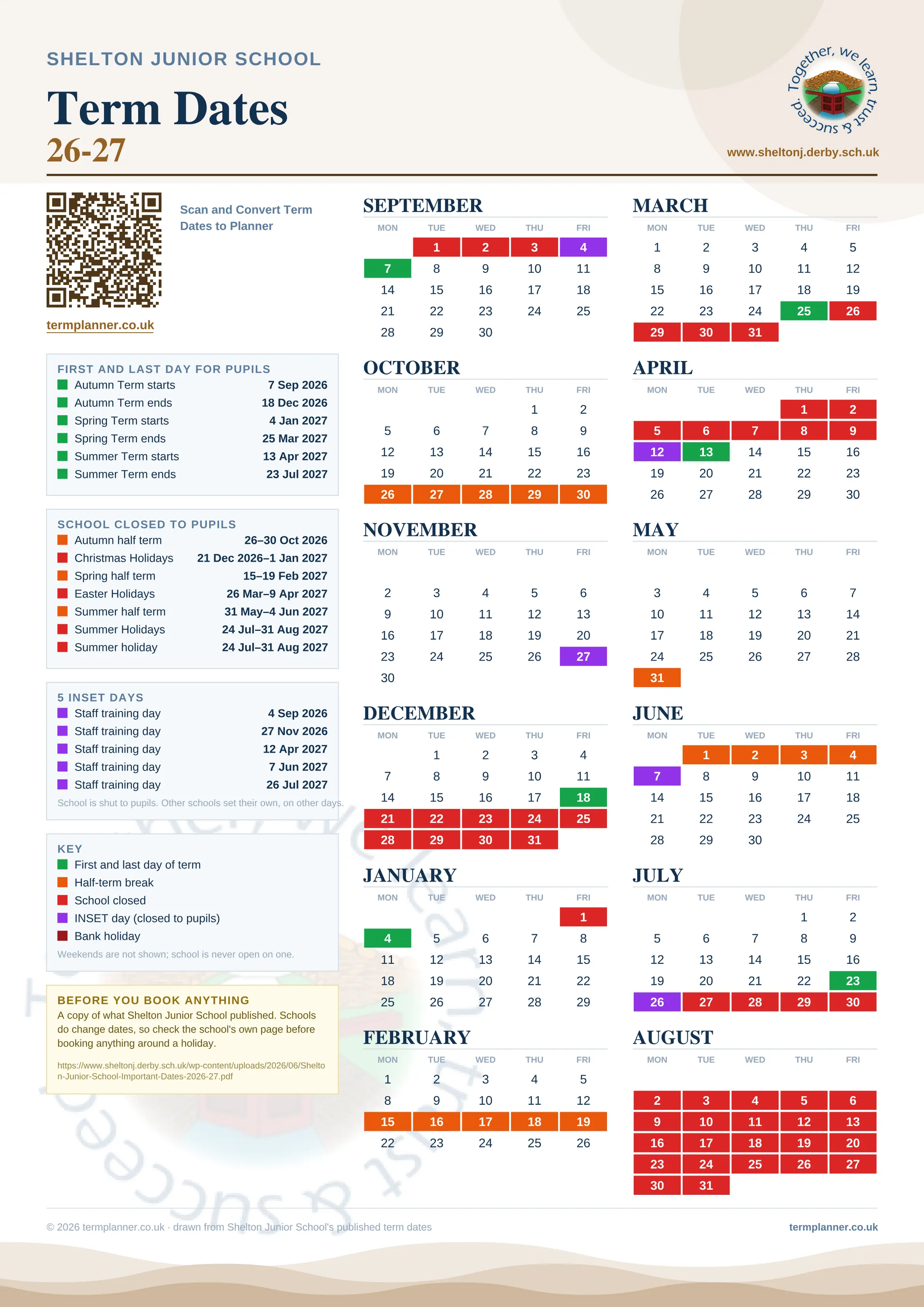 Shelton Junior School’s 2026/27 school year drawn as one sheet: twelve month grids from September to August, Monday to Friday, with autumn term 7 September to 18 December 2026, spring term 4 January to 25 March 2027, summer term 13 April to 23 July 2027. Half terms, holidays and bank holidays are filled in colour, the first and last day of each term is marked, 5 INSET days are picked out, and every date is listed again in words down the left.
