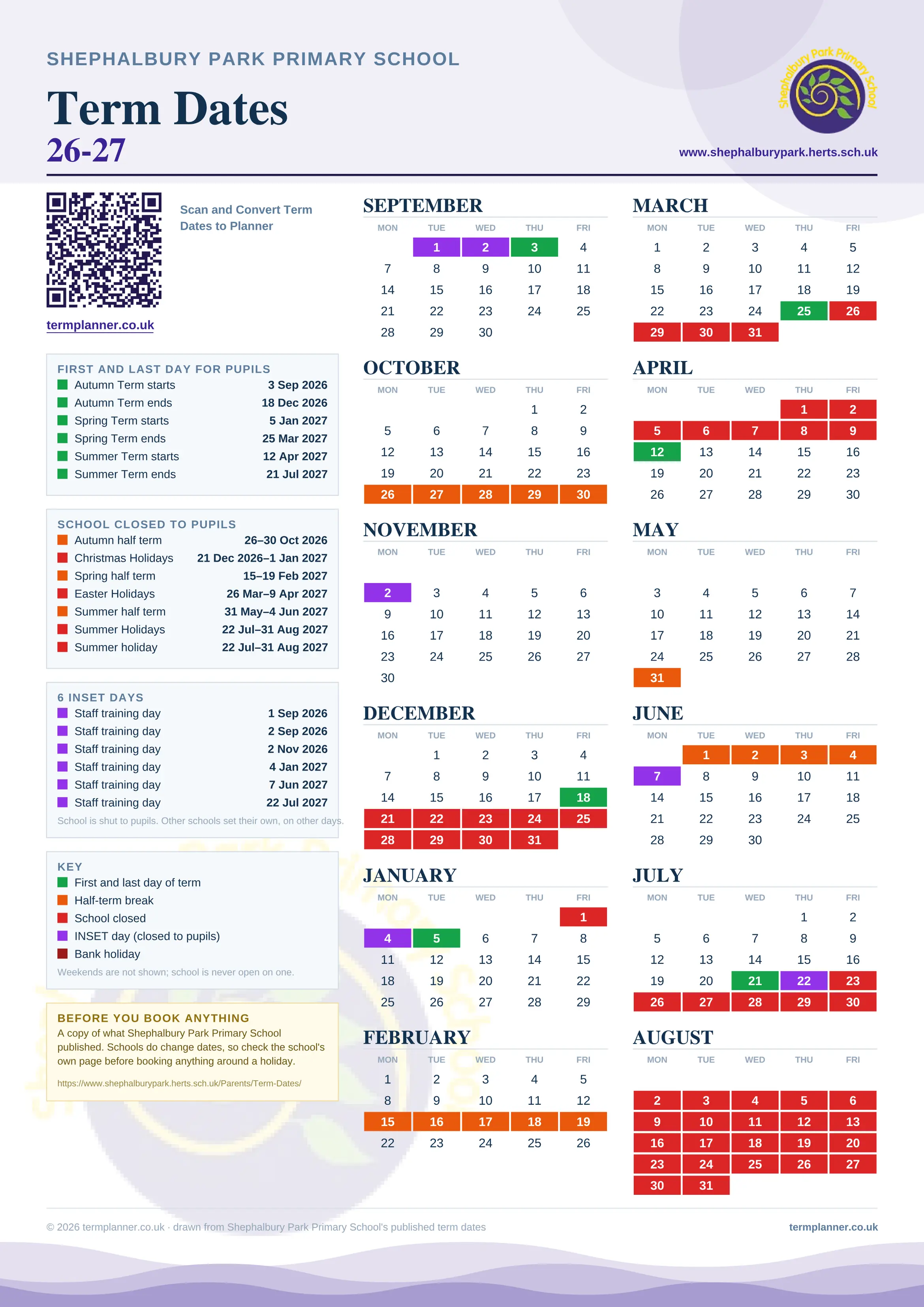 Shephalbury Park Primary School’s 2026/27 school year drawn as one sheet: twelve month grids from September to August, Monday to Friday, with autumn term 3 September to 18 December 2026, spring term 5 January to 25 March 2027, summer term 12 April to 21 July 2027. Half terms, holidays and bank holidays are filled in colour, the first and last day of each term is marked, 6 INSET days are picked out, and every date is listed again in words down the left.